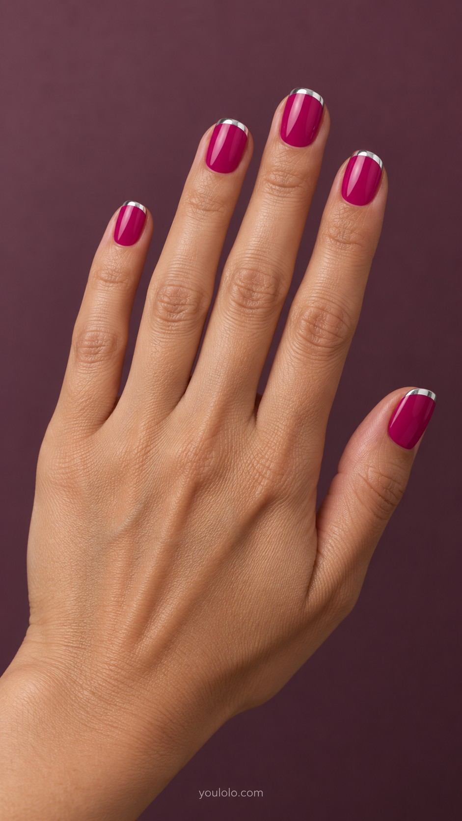 pink Christmas nails — Magenta with Silver Crescent Tips