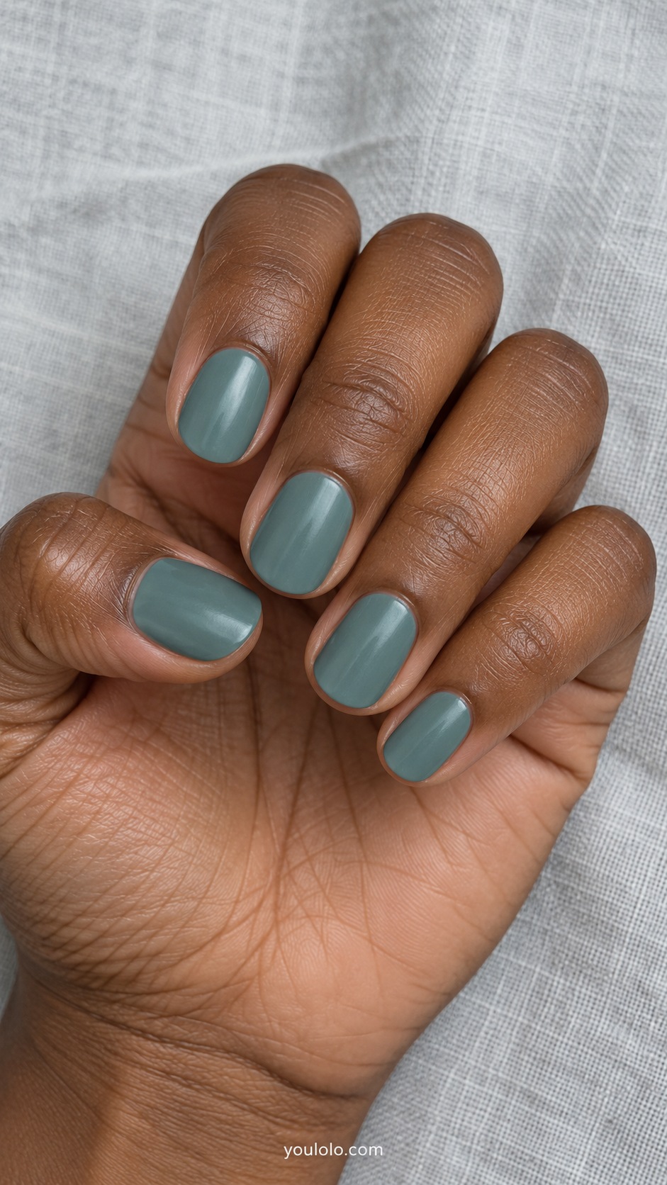 Short oval nails muted medium teal satin finish