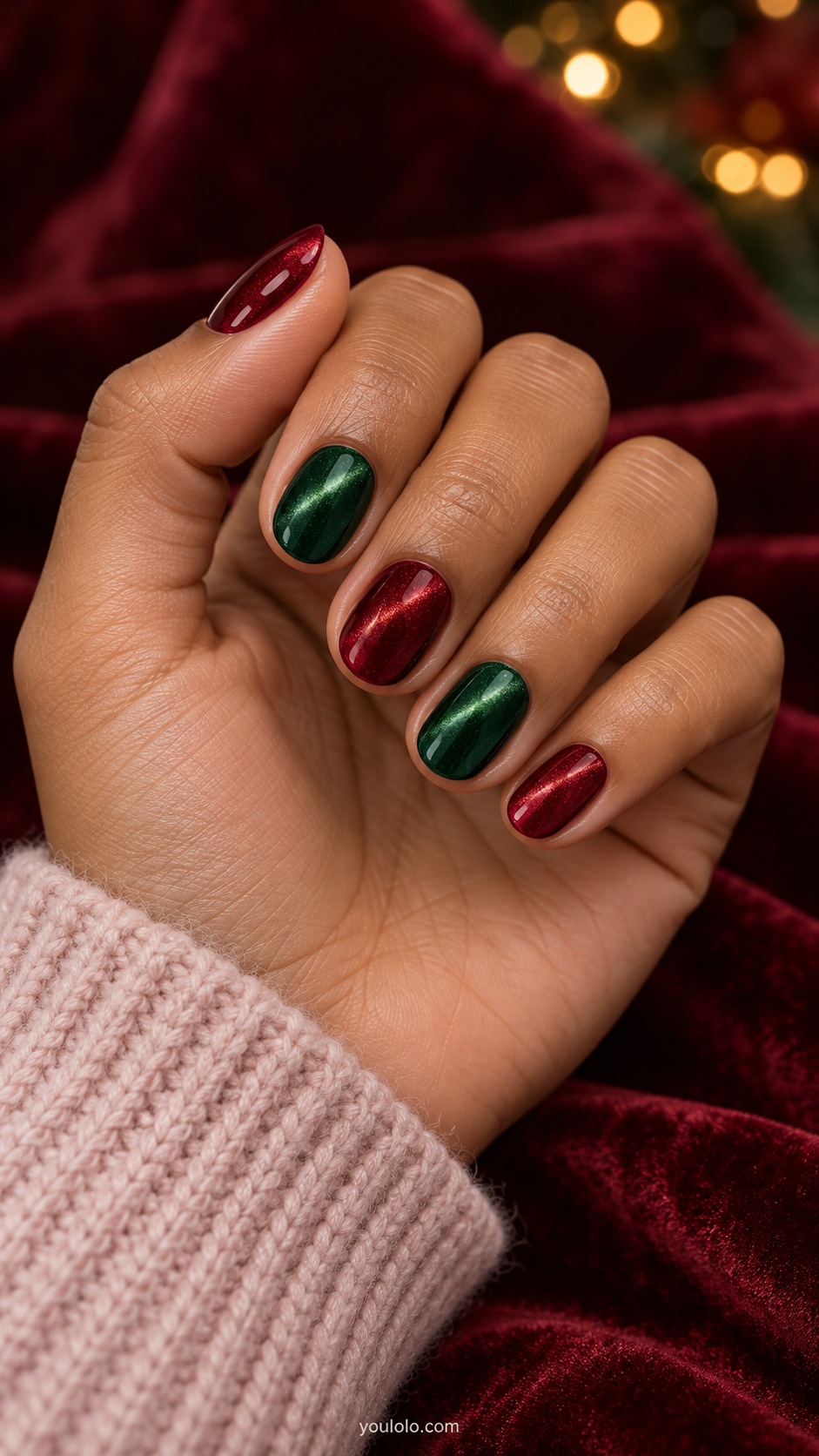 Short oval alternating ruby red and evergreen magnetic cat eye nails no art
