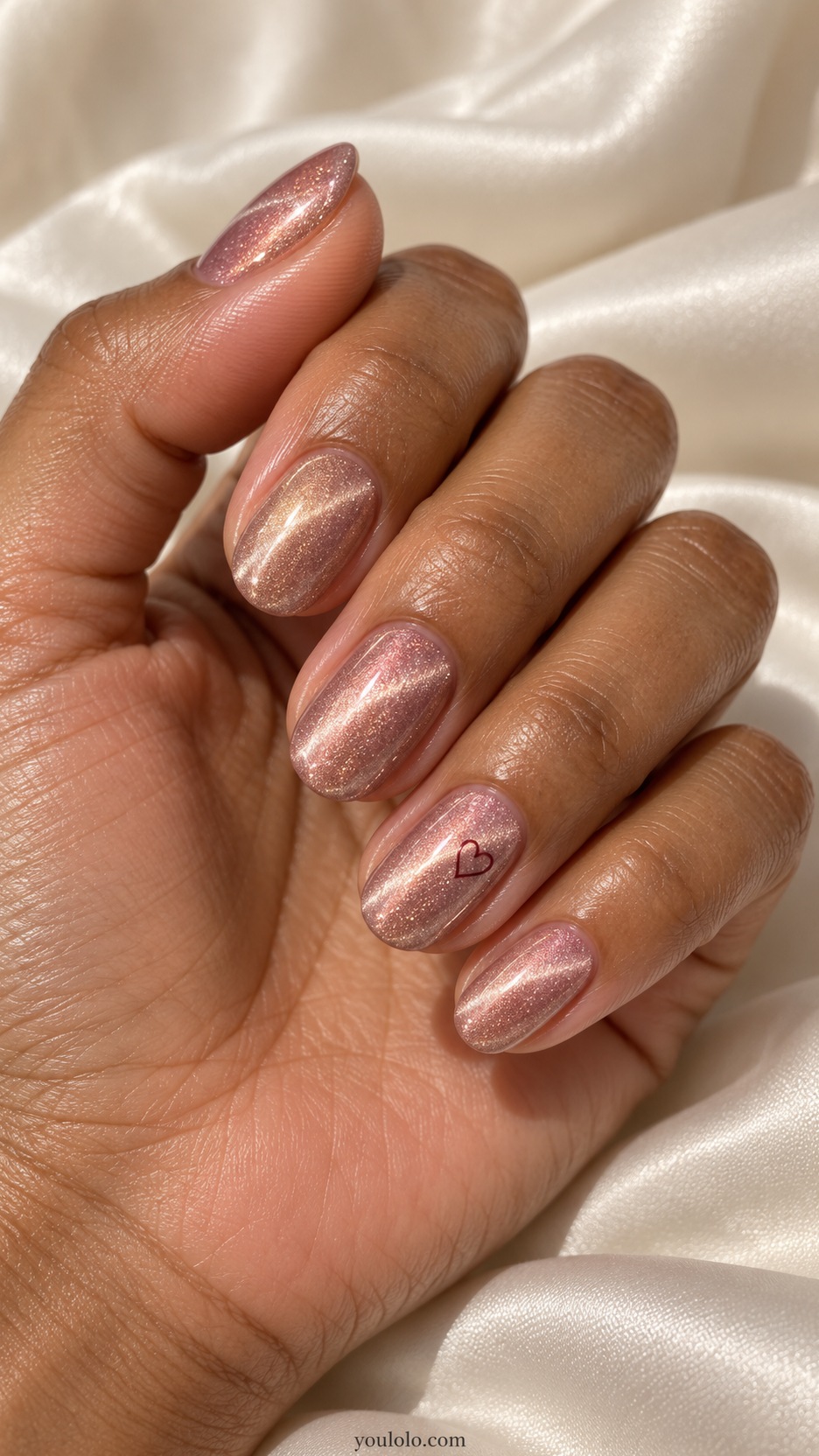 Pink Cat Eye Nails: short oval pink champagne magnetic shimmer single tiny fine burgundy outline heart on ring nail