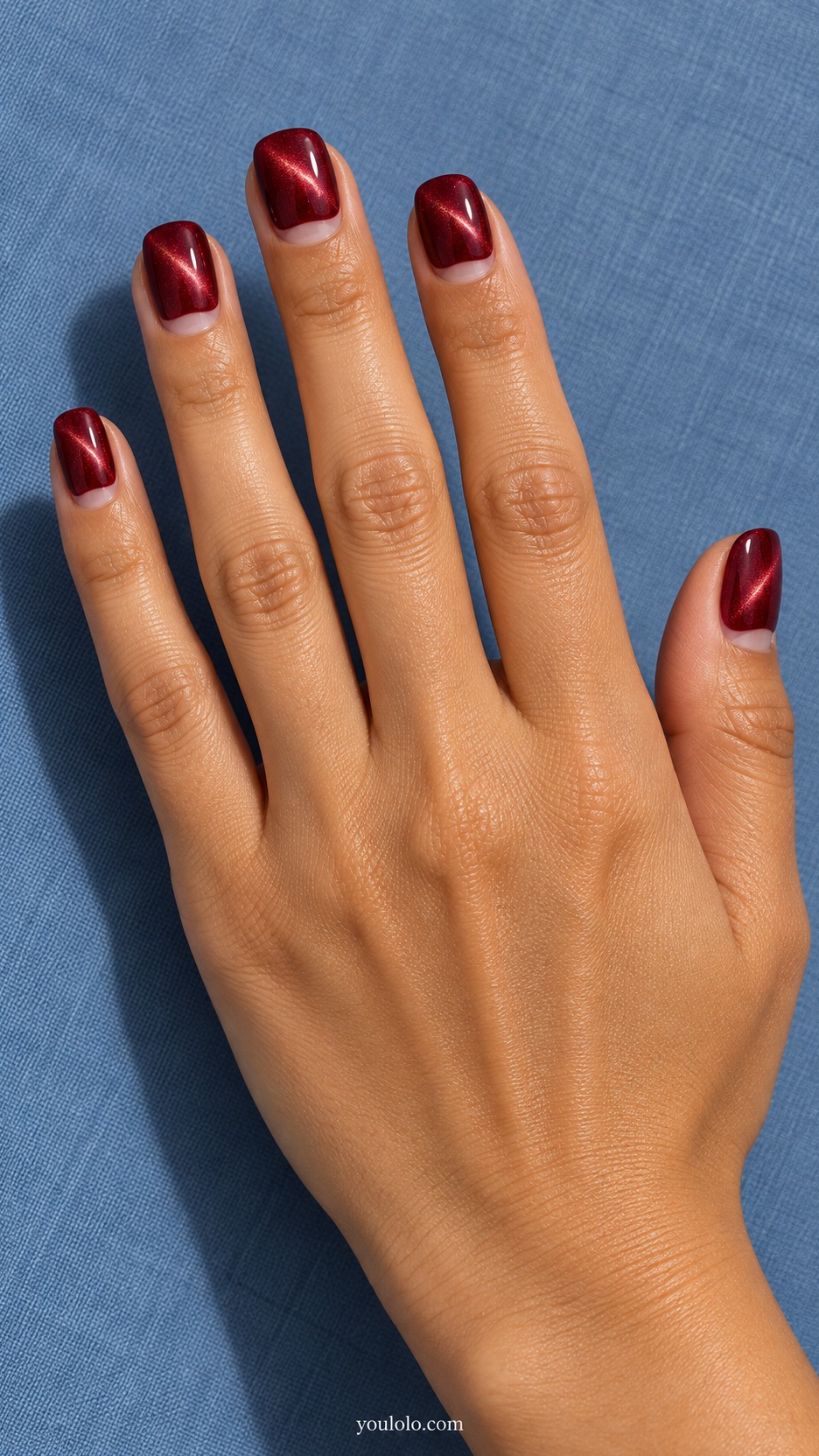 Short Red Cat Eye Nails: short squoval ruby magnetic nails small nude half moons