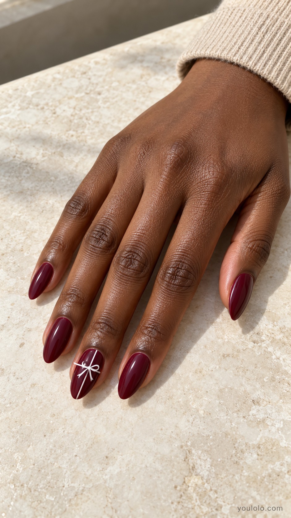 maroon nail art — Maroon with a Fine White Ribbon