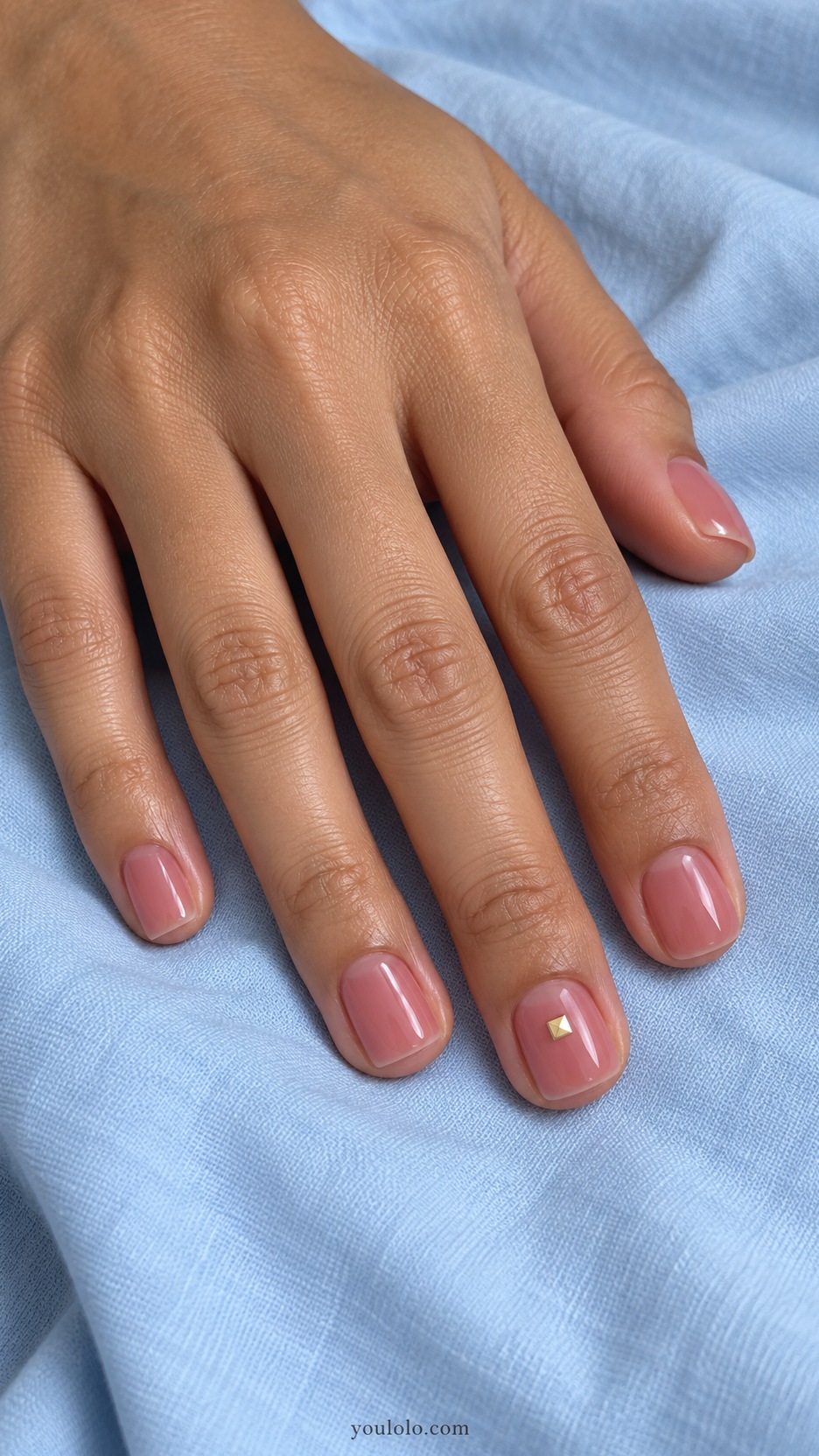Short Square Nail Designs: Rose Jelly Tile manicure on a naturally posed hand