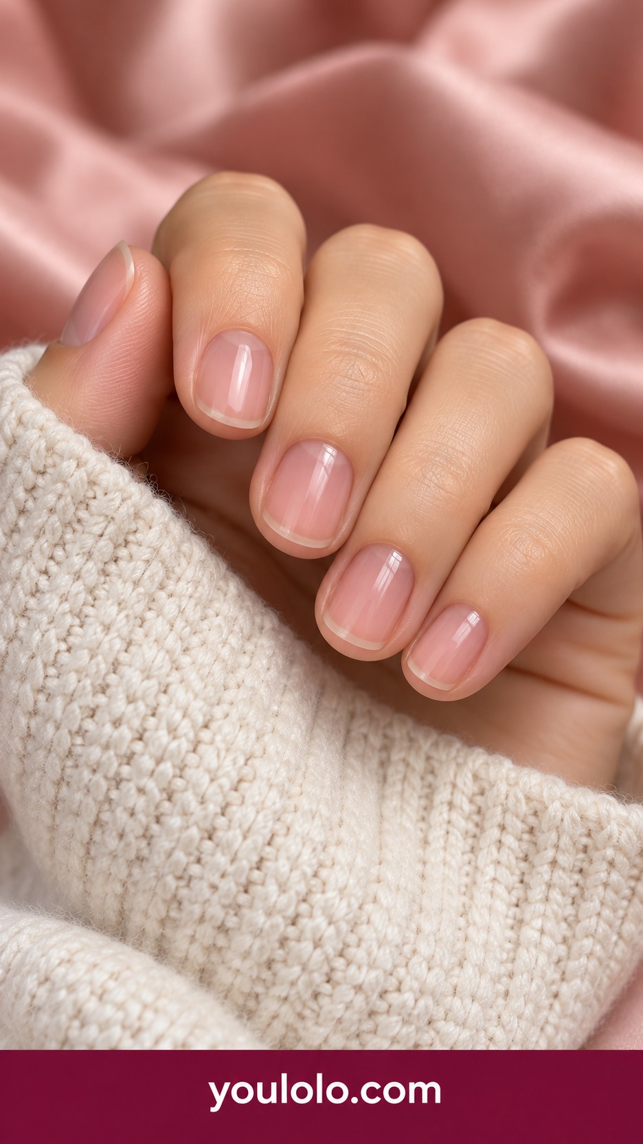 Short natural oval nails clear glossy finish natural pink nail beds and white free edges no color art on a naturally curled young adult hand
