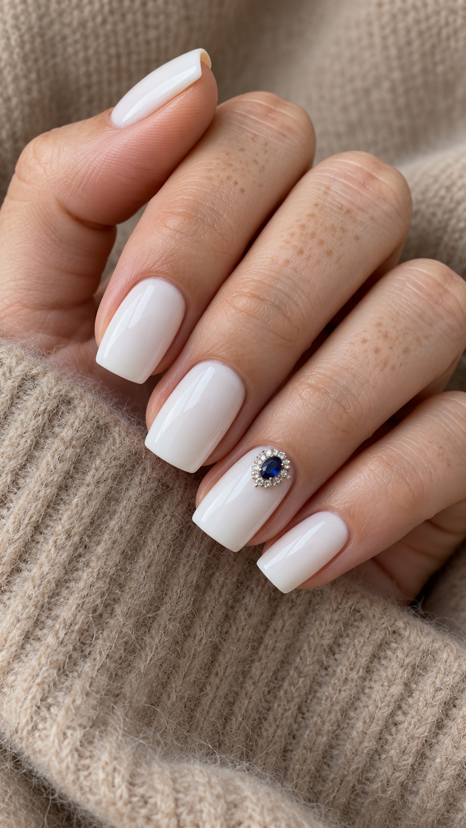 White Nails with a Blue Crystal Accent: White square nails with a blue oval crystal surrounded by small clear stones on a naturally posed adult hand