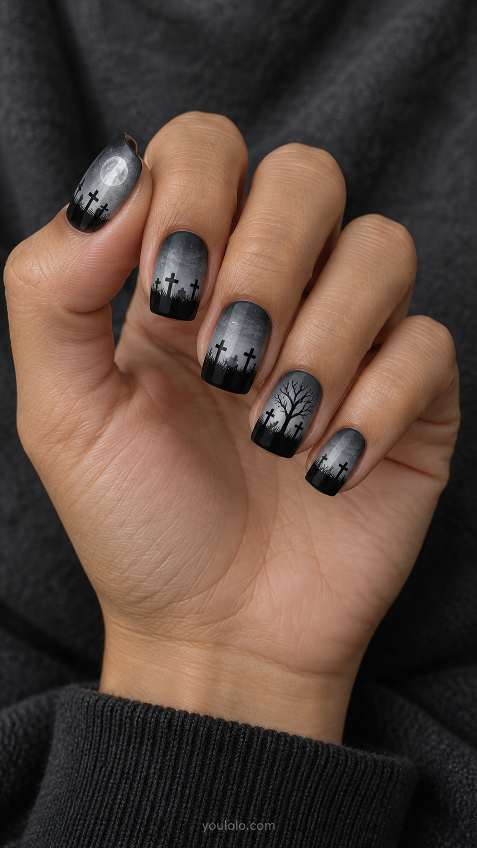 Medium square nails gray moonlit gradient upperhalf black lowerhalf, simple tiny cemetery silhouette crosses uneven grass and one bare tree spread across nails