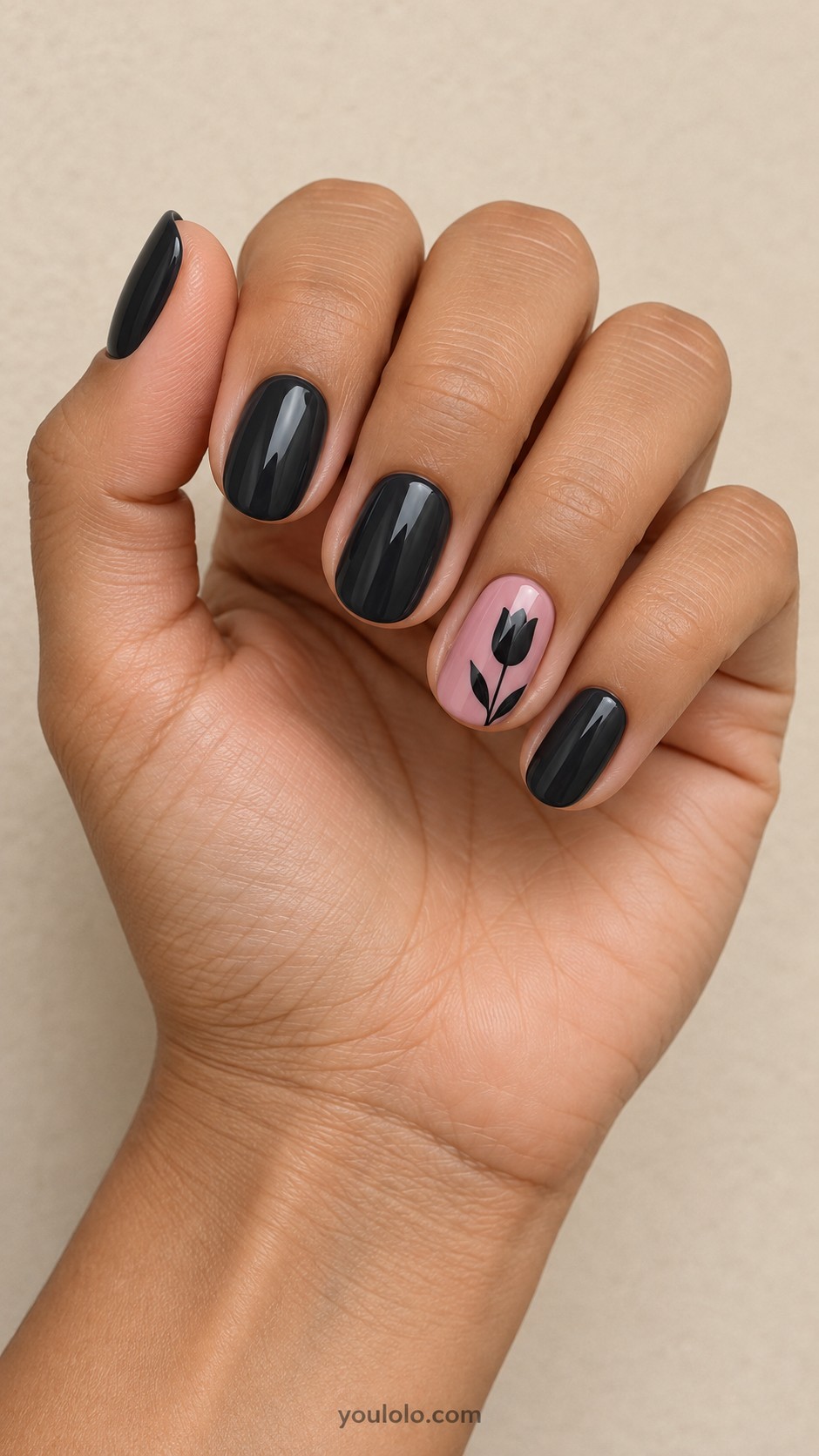 Dark Feminine Nails — Black Tulip on Dusty Pink