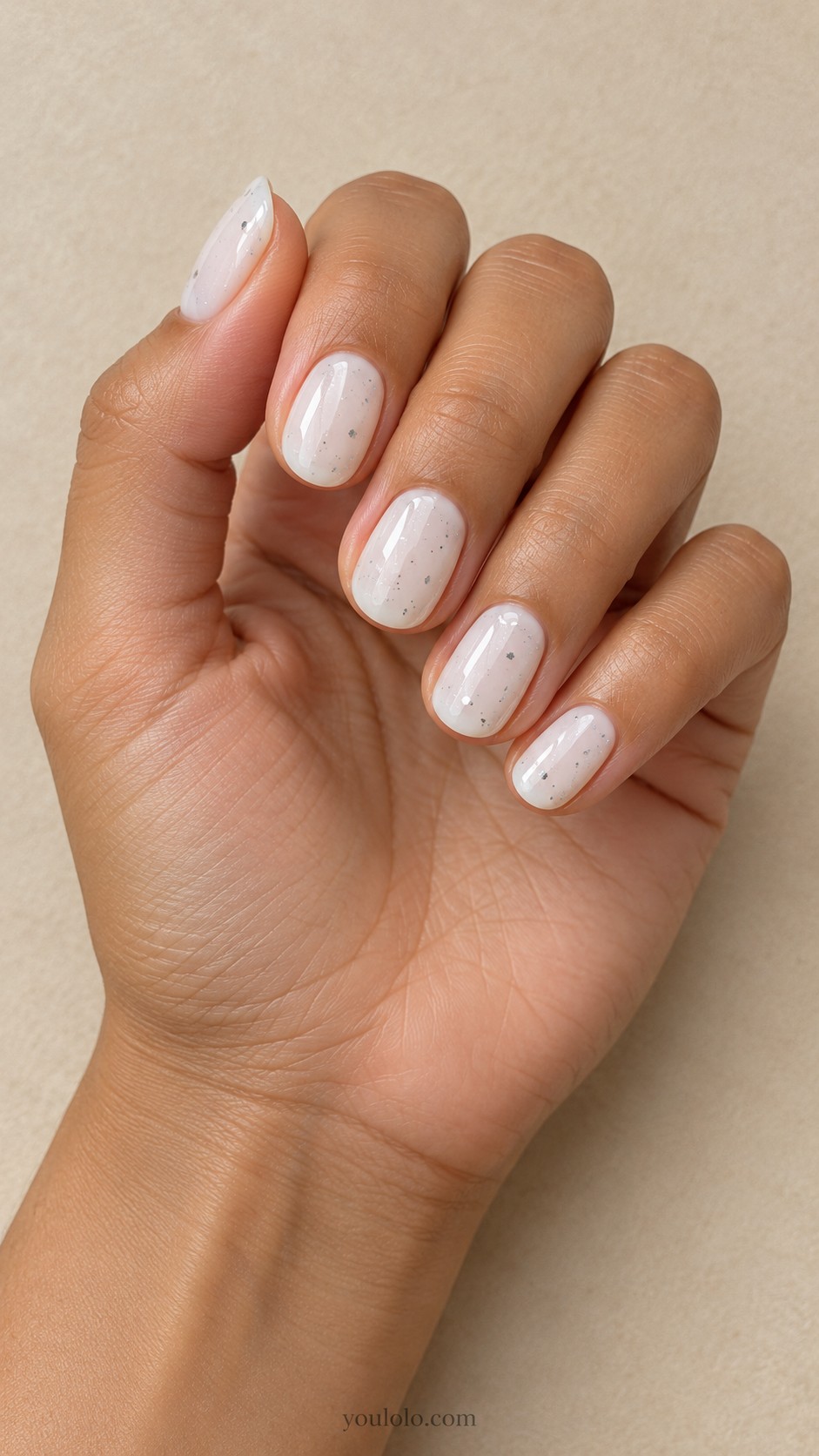 Simple Christmas Nails — Milky White with Sparse Silver Specks