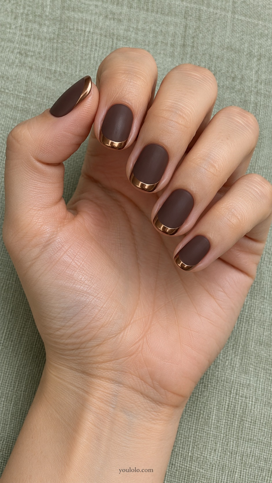 Matte Cocoa Chrome Tips — short oval matte cocoa brown with glossy metallic bronze French tips