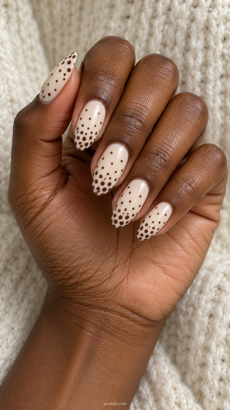 Chocolate Dot Fade — medium almond ivory base chocolate polka dots denser near tips sparse towards cuticles