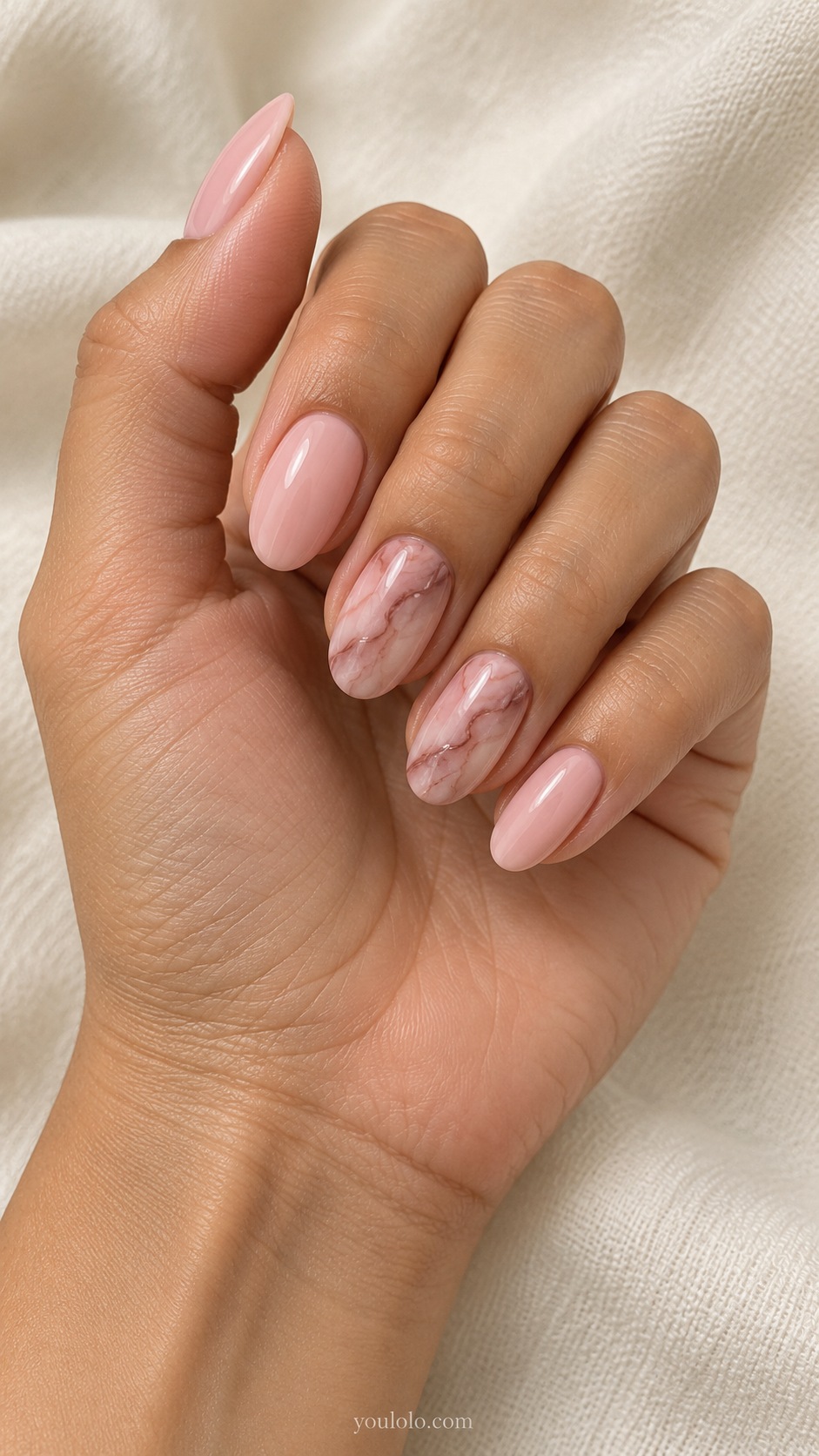 Mocha Rose Marble — medium oval pale pink nails ring and middle nails soft mocha rose marble veins