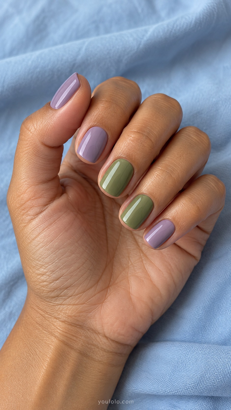Short squoval three nails muted lavender cream middle and ring nails muted khaki green cream