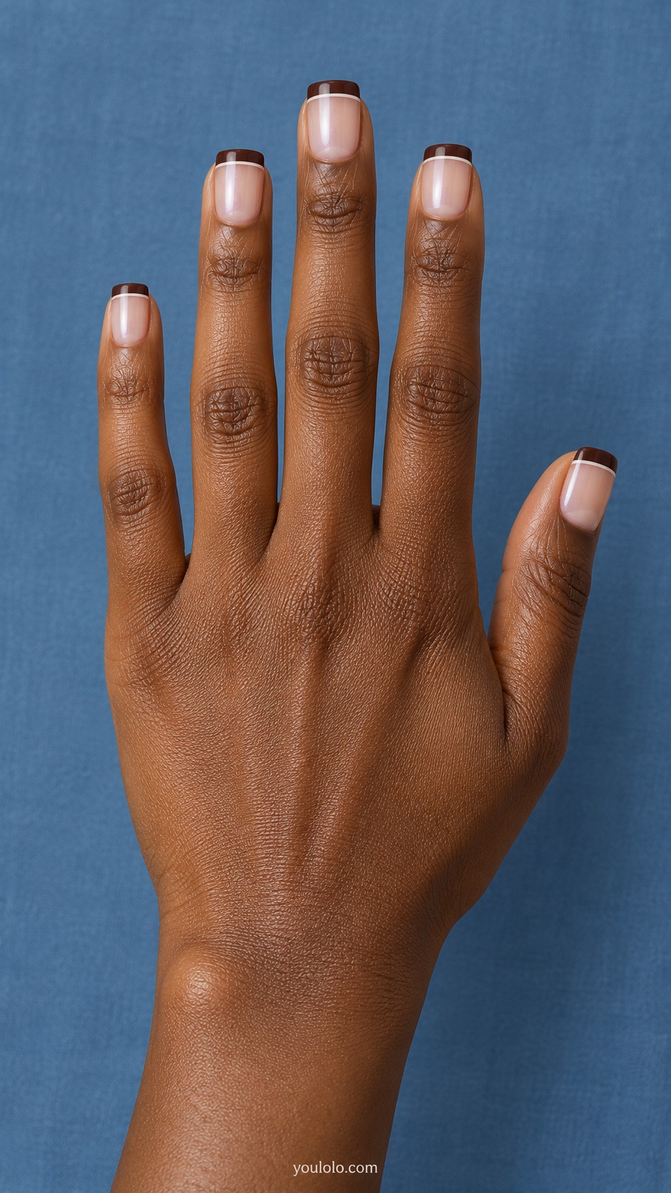 Short square sheer pink beige pearl nails dark chocolate straight french band thin ivory line at inner boundary