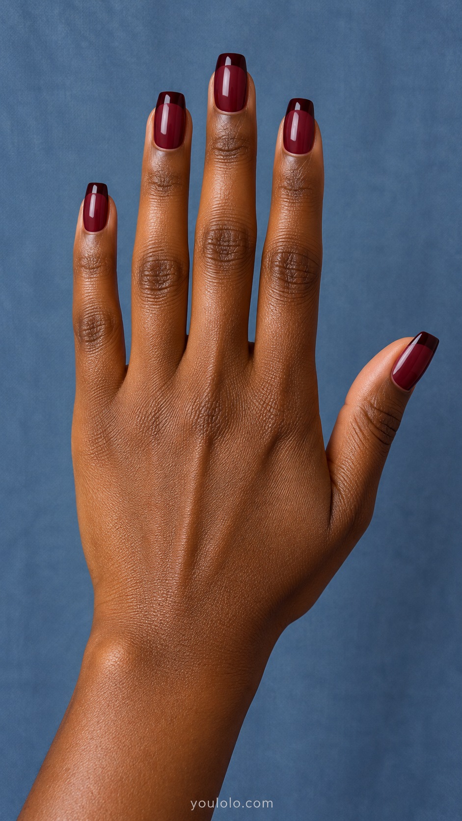 Medium square burgundy glazed nails narrow glossy near-black burgundy straight tip, subtle contrast