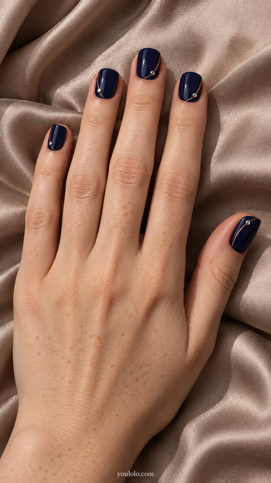 Silver Rivet Corners: short squoval dark indigo nails, one tiny flat silver rivet dot at corner of selected nails and caramel seam
