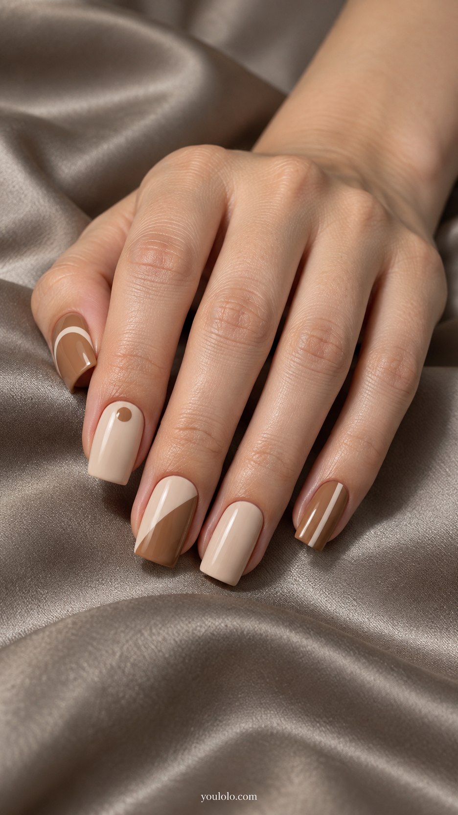 Warm Neutral Geometry: medium square taupe caramel cream: arch, single dot, diagonal split, plain cream, skinny caramel stripe