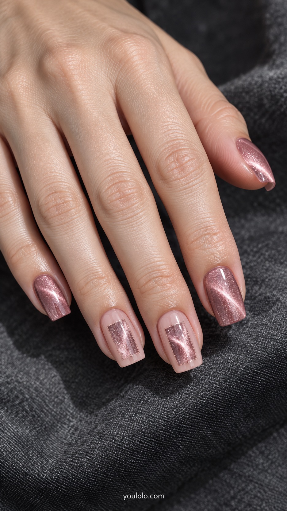 Pink Cat Eye Nails: medium square translucent pale rose magnetic rectangular inset on two nude accent nails fine rose border
