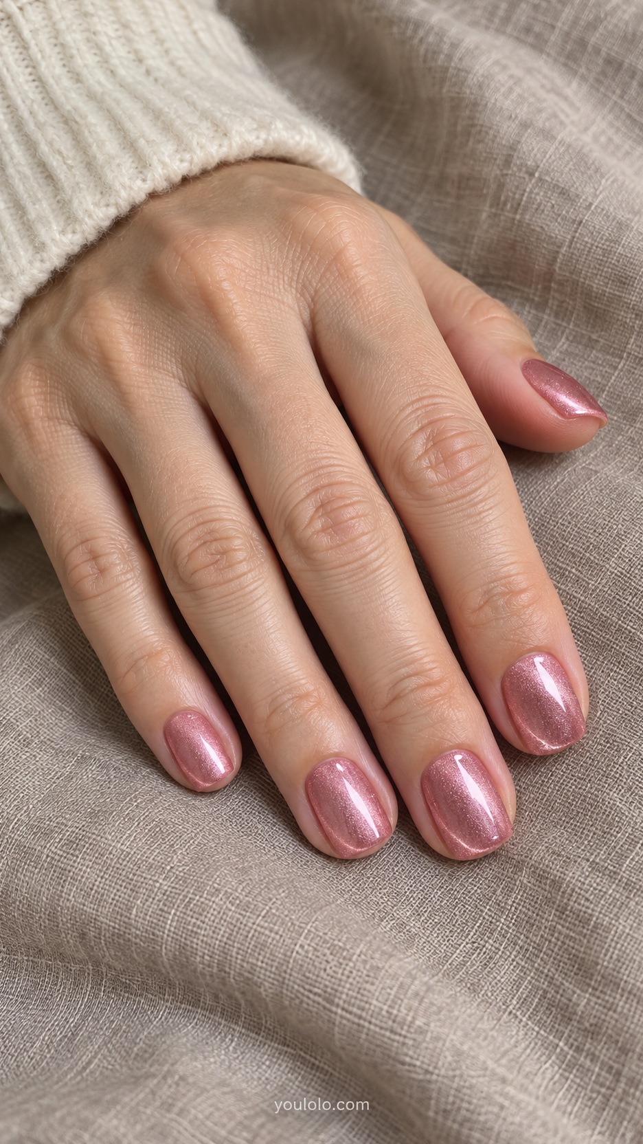 Short Press-On Nails: Pink Velvet Glow manicure on a naturally posed hand