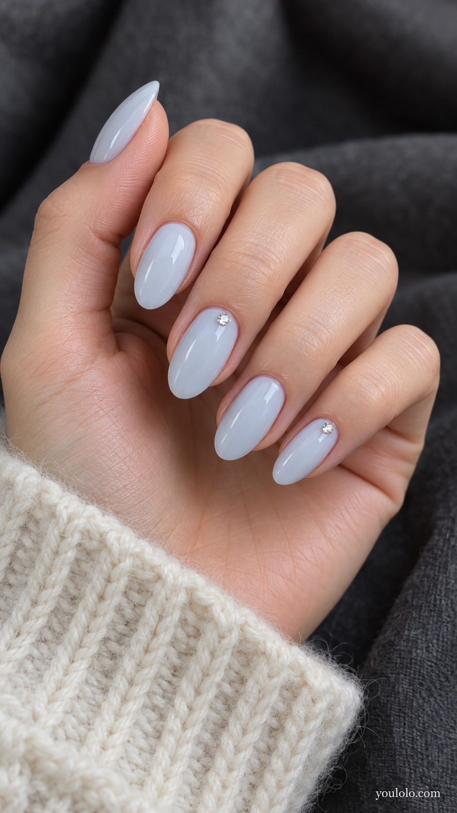winter nails — Milky Blue with Tiny Crystals