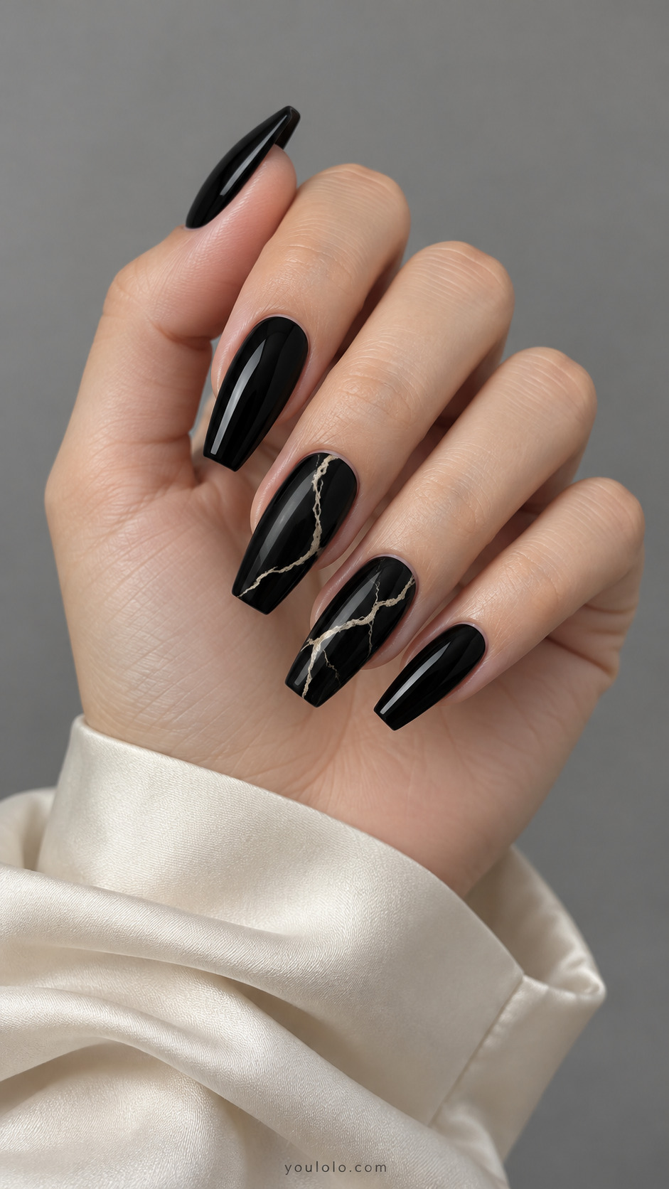 Black coffin nails with sparse ivory marble veins