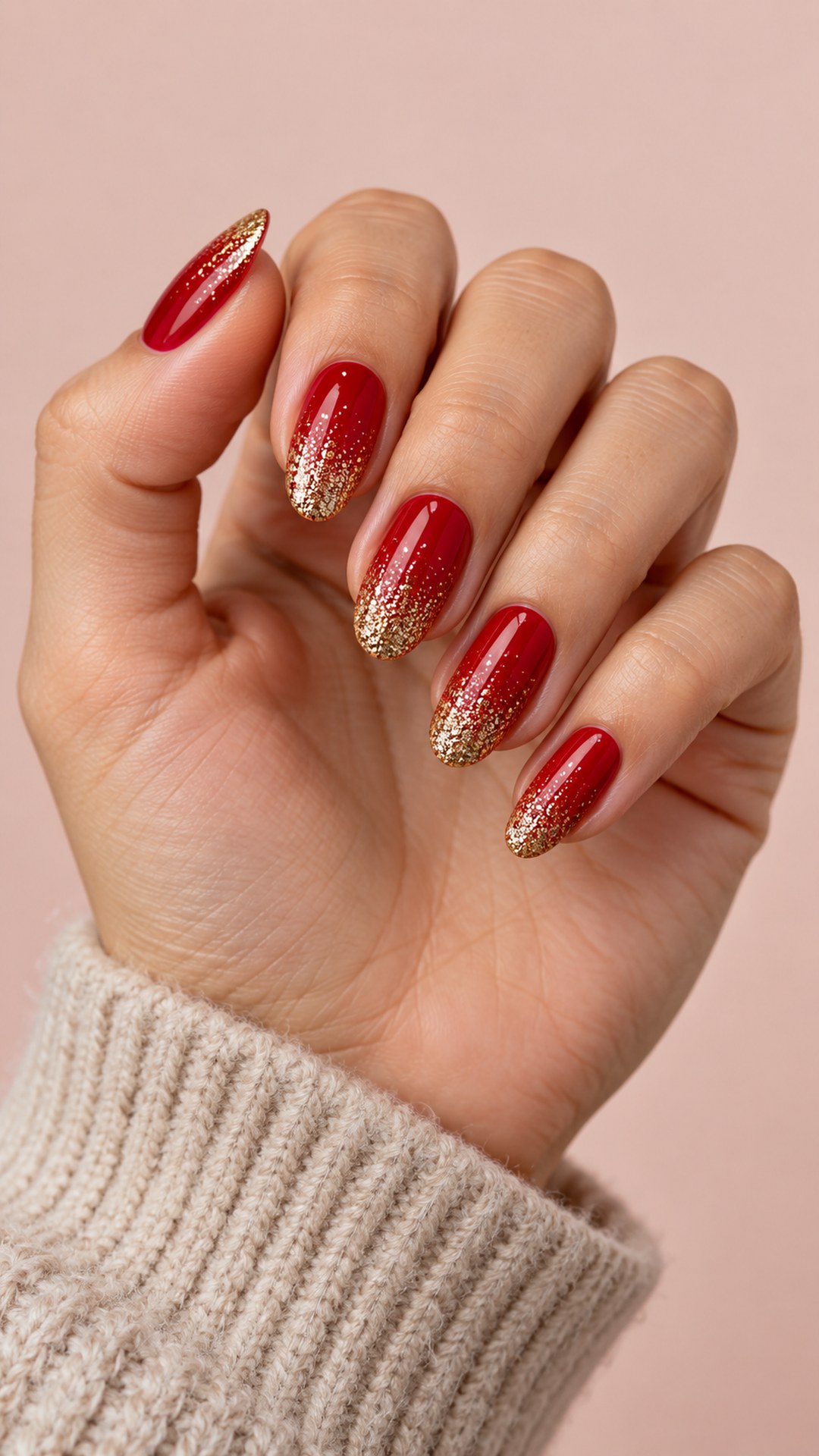 red and gold nails — Gold Glitter Fade over Red