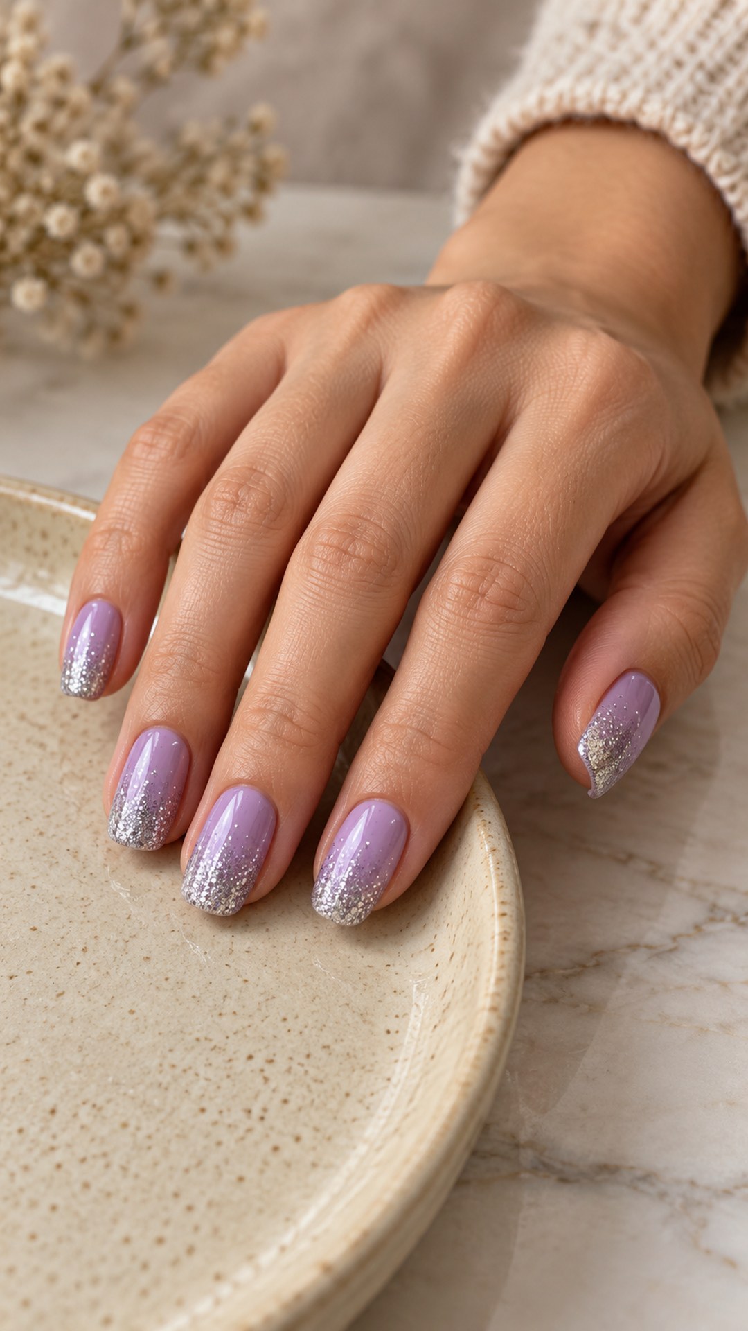 purple nail designs — Lavender Silver Glitter Fade