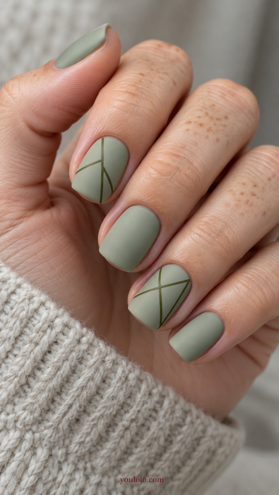 Olive Linework on Pale Sage on a softly gathered feminine hand with a matte green manicure
