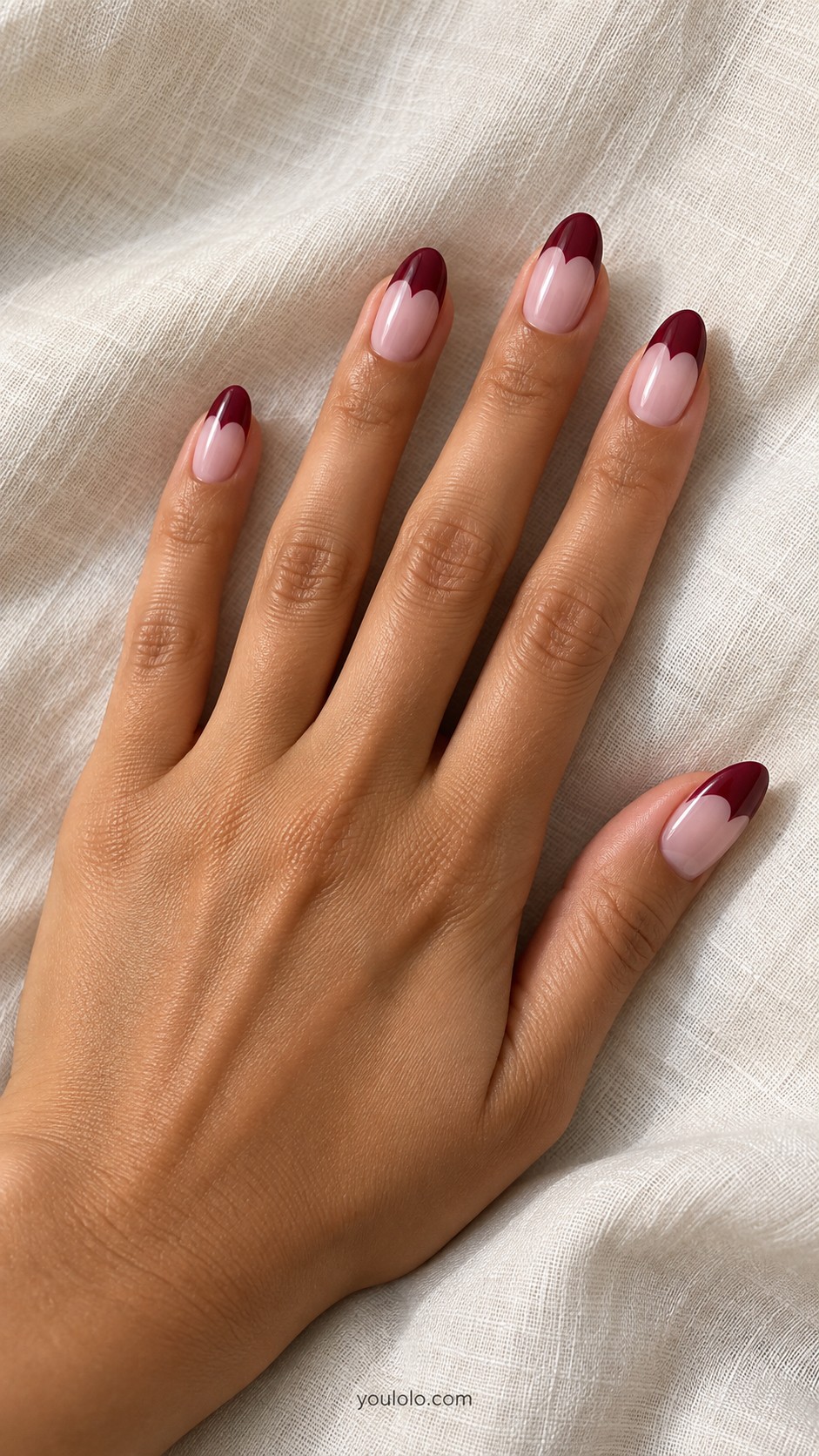 Dark Feminine Nails — Burgundy Heart French