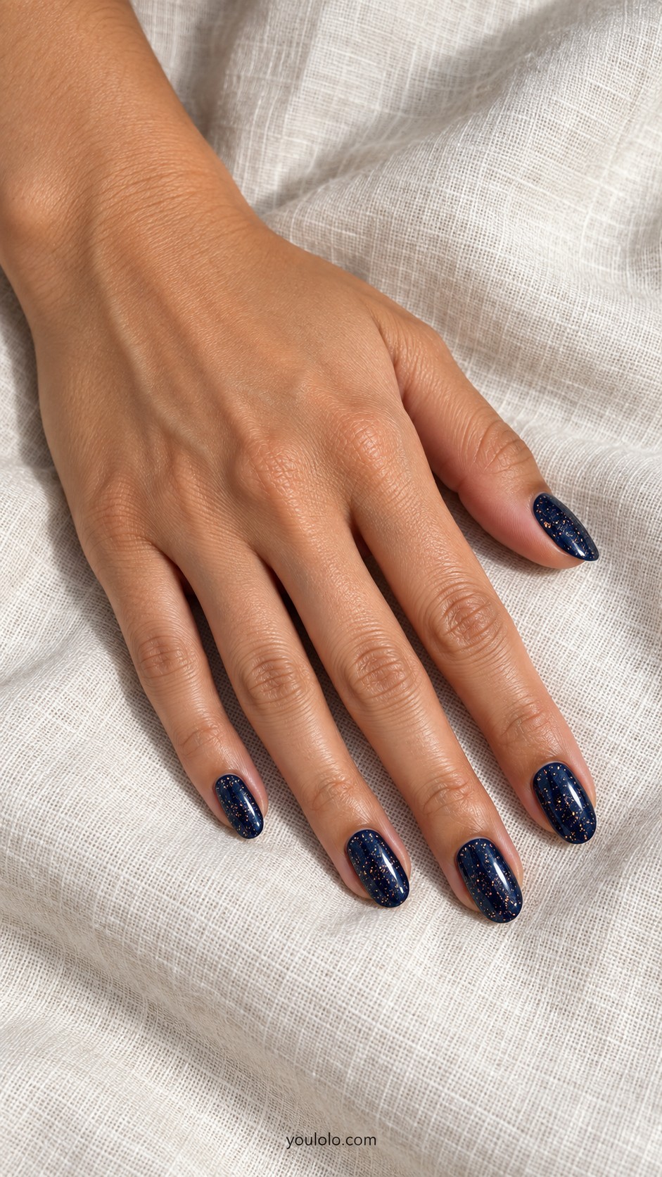 October Nails — Copper Microglitter on Ink Blue