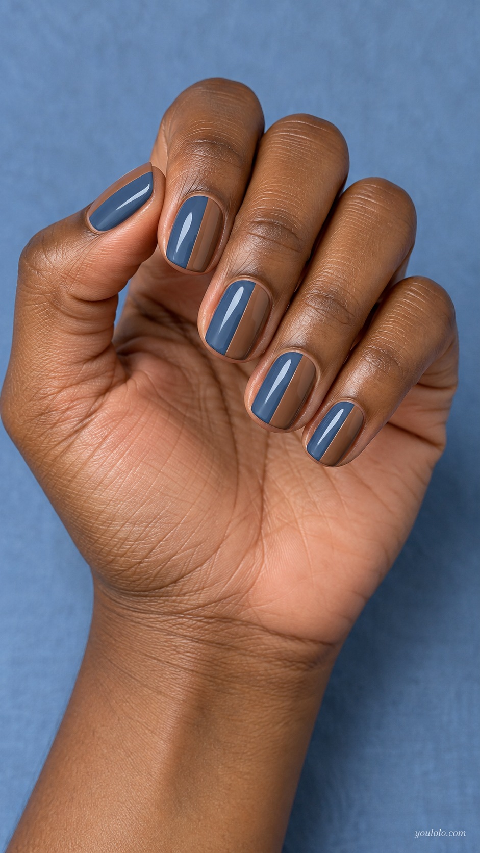 Denim Mocha Vertical Split — short squoval each nail vertical half denim blue half mocha brown cream gloss