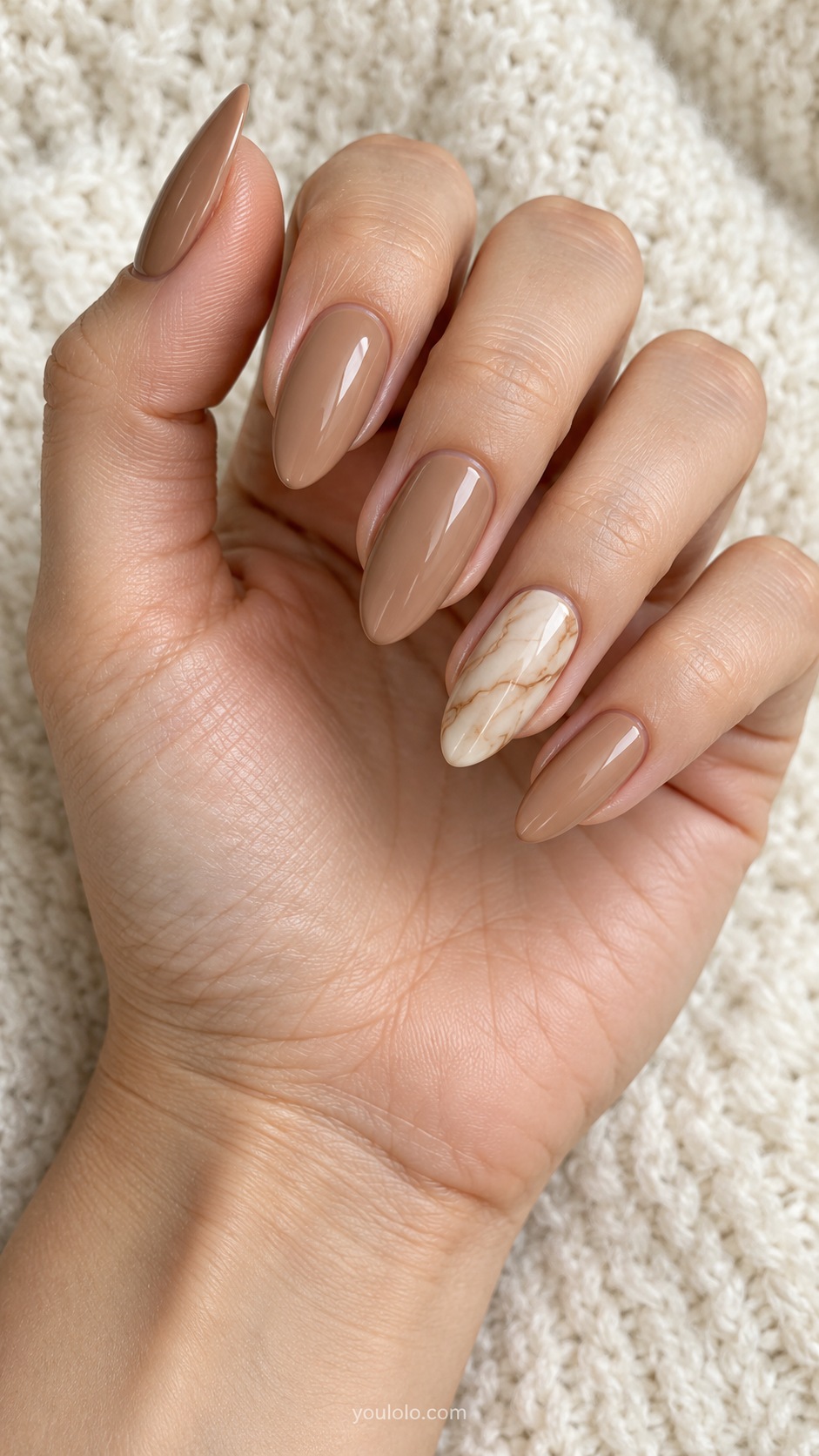 Toffee Marble Accent — medium almond toffee cream nails one ring nail ivory and caramel soft natural marble lines