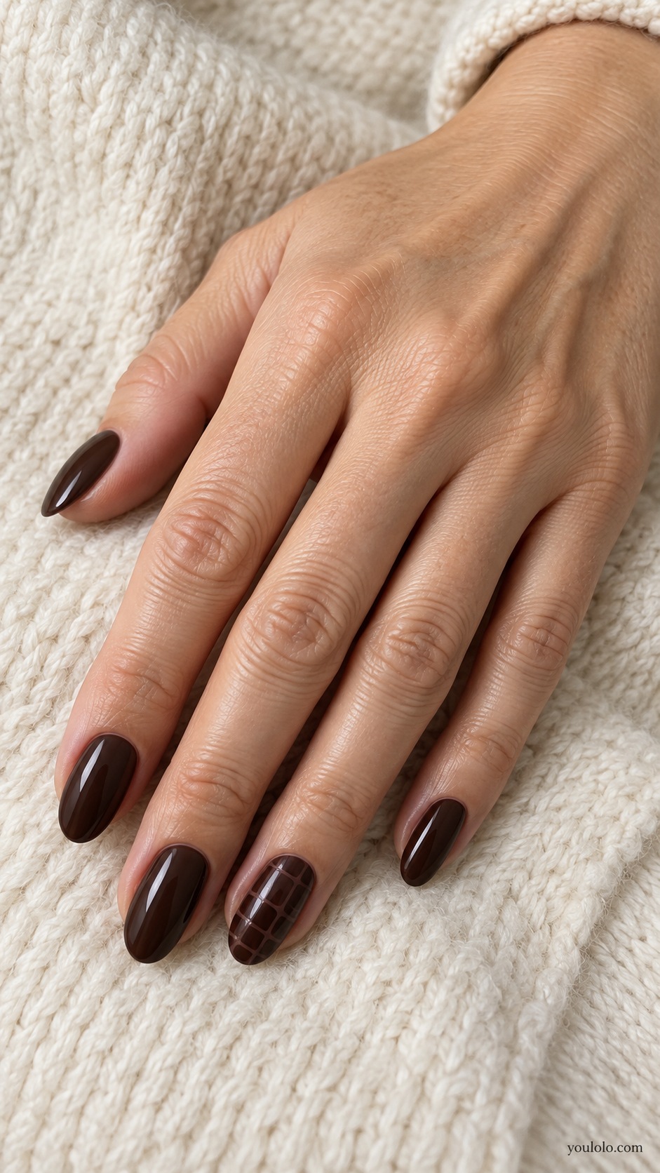 Chocolate Croc Accent — medium oval dark chocolate nails ring nail flat painted subtle darker brown crocodile outline pattern no raised texture