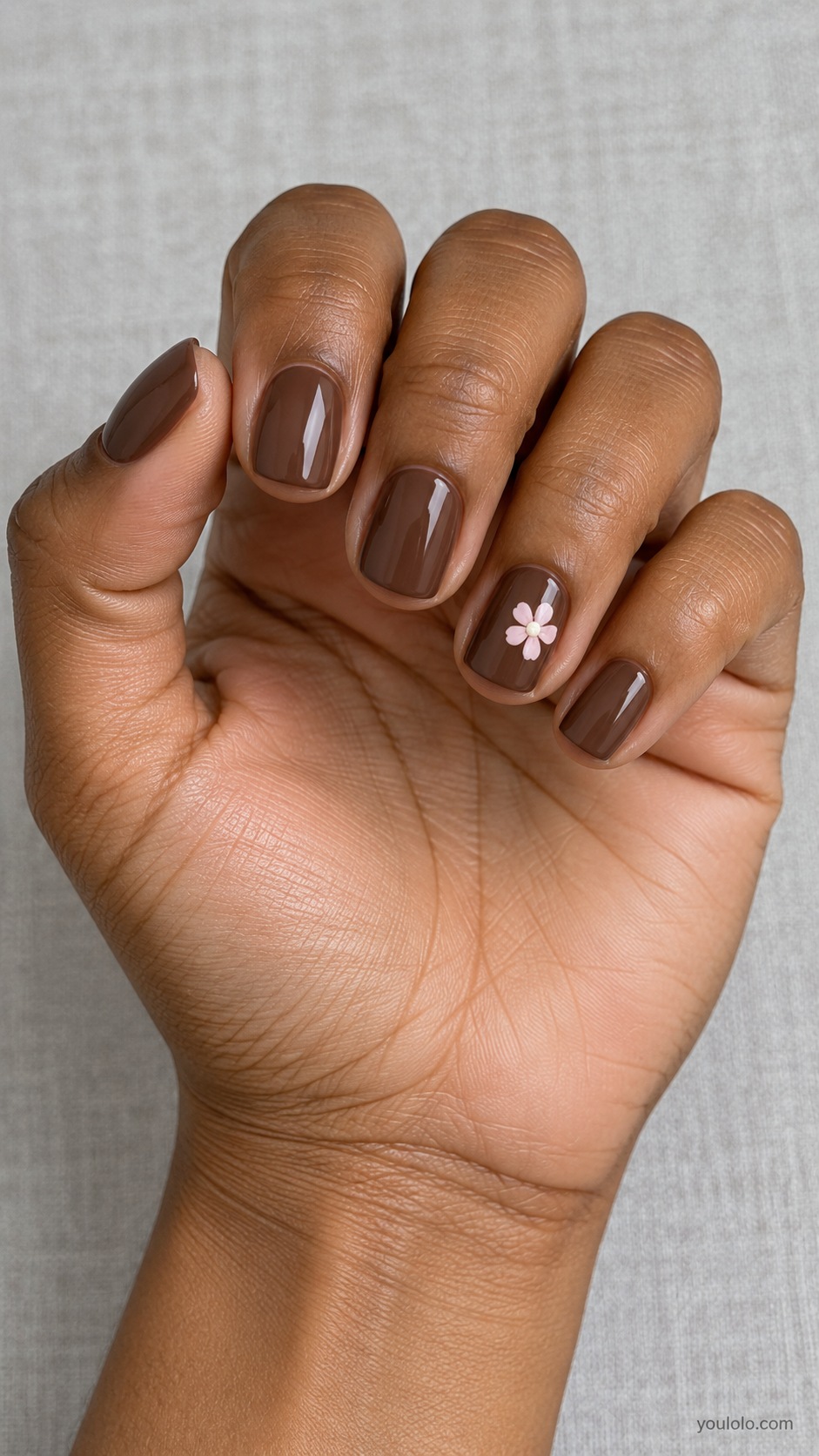 Pink Daisy Cocoa — short squoval cocoa nails one small pink daisy ivory center on ring nail
