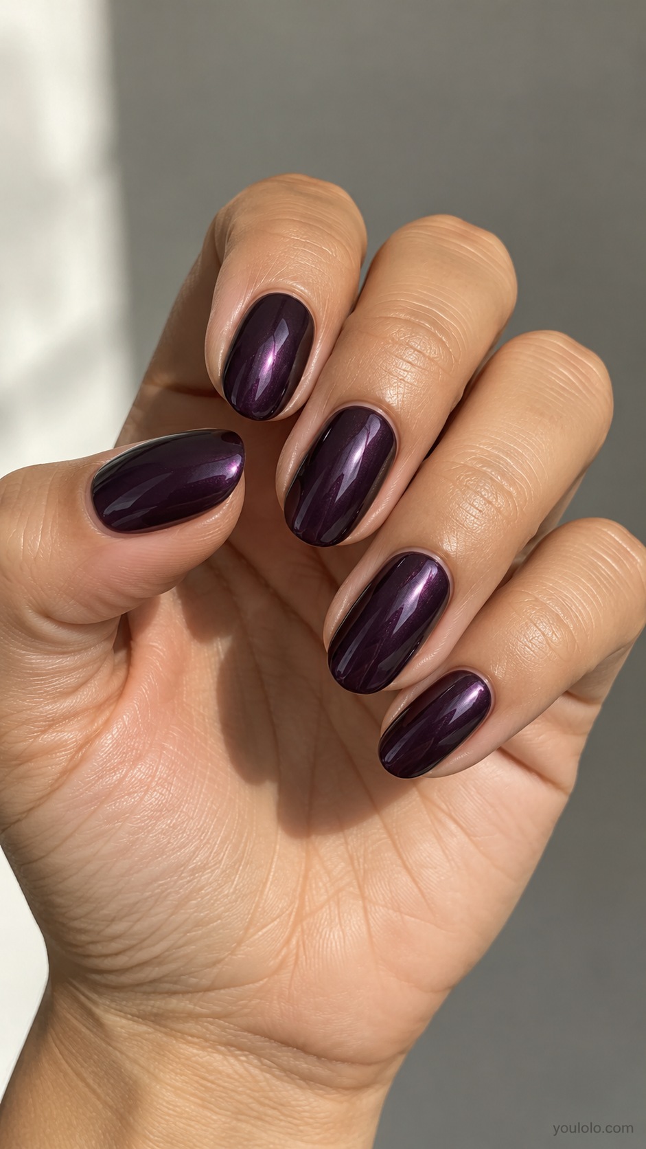 Plum Chrome fall chrome nails — deep aubergine purple plum chrome with subtle purple reflective sheen, no cat eye; medium oval nails