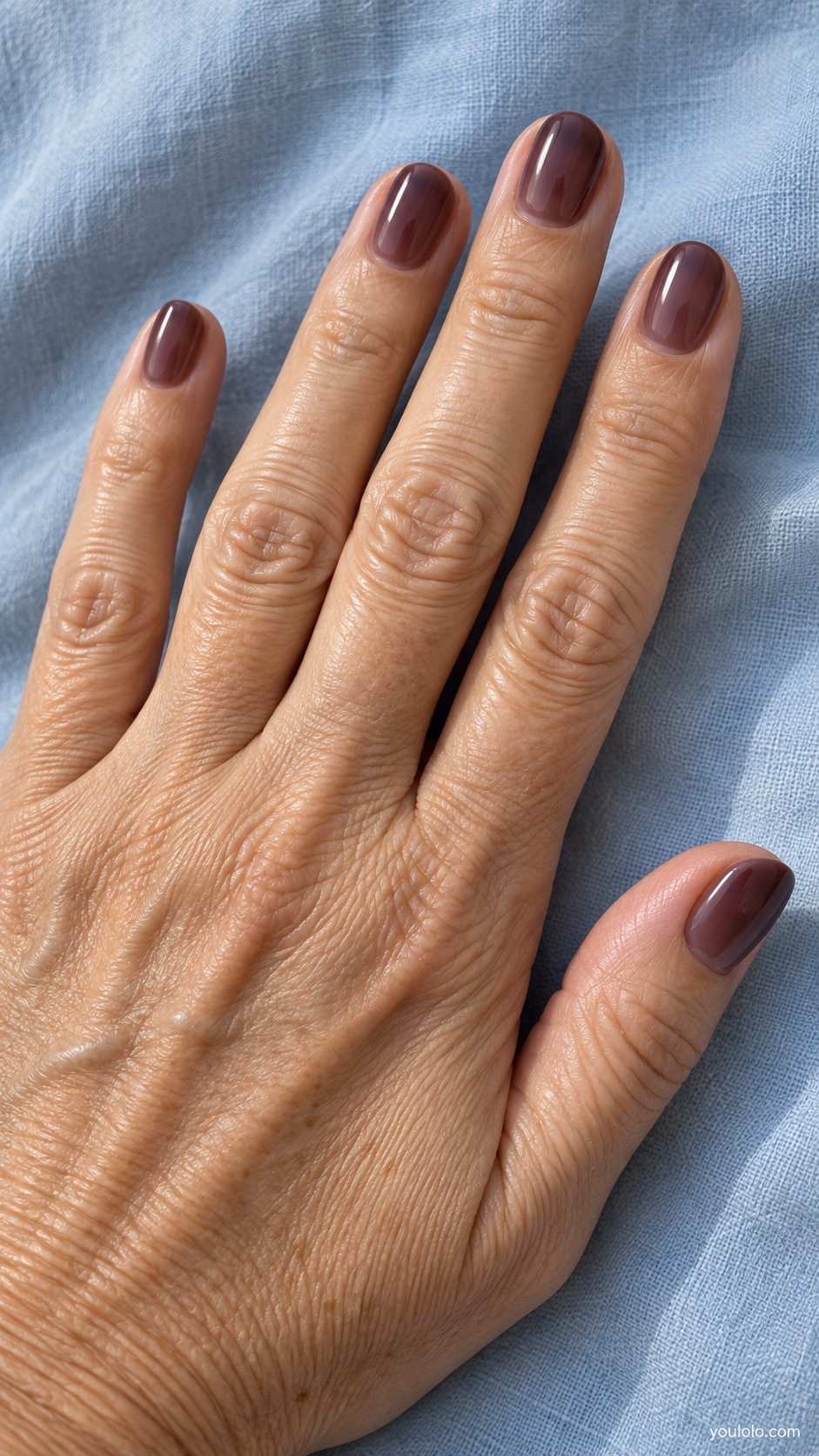 Short oval nails sheer smoky raisin brown purple jelly