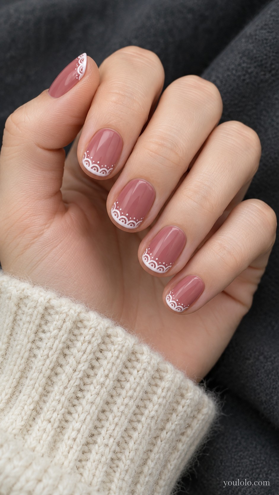 pink Christmas nails — Dusty Rose with White Lace Edges