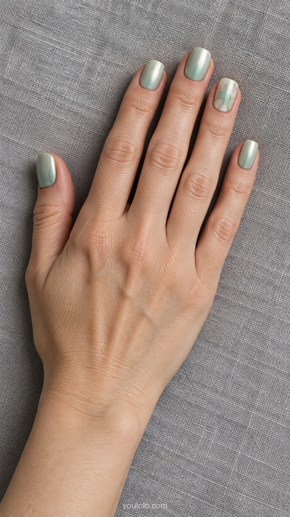 Short squoval pale green pearl nails one accent nail irregular flat jade mint ivory mosaic panels