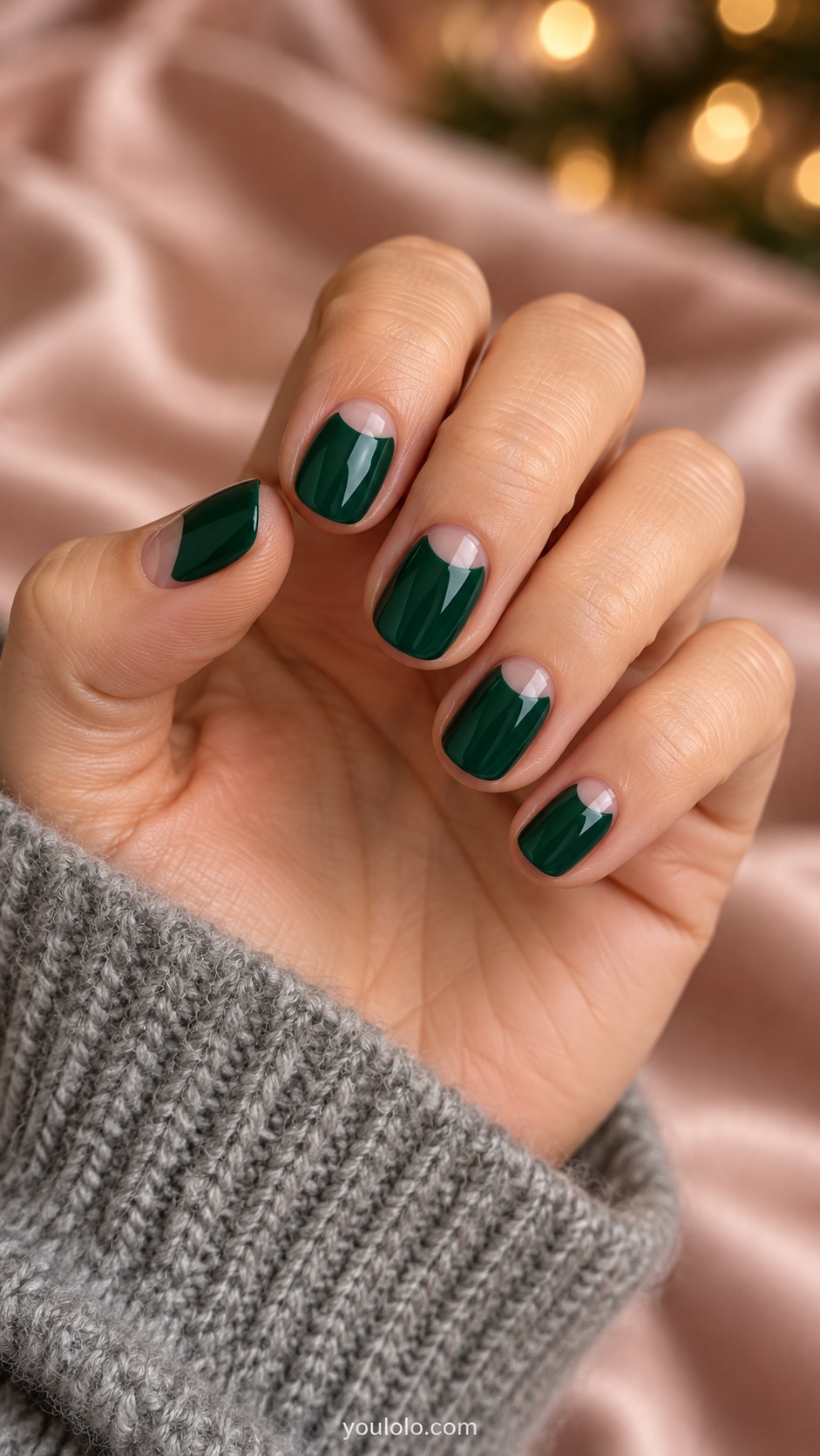 Short round emerald nails small clear nude half moons at cuticle