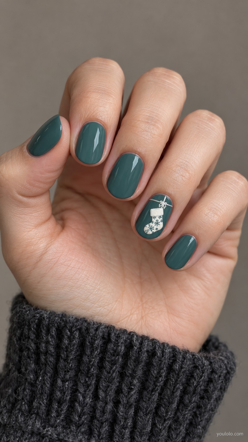 Christmas nail ideas — Muted Teal with White Stockings