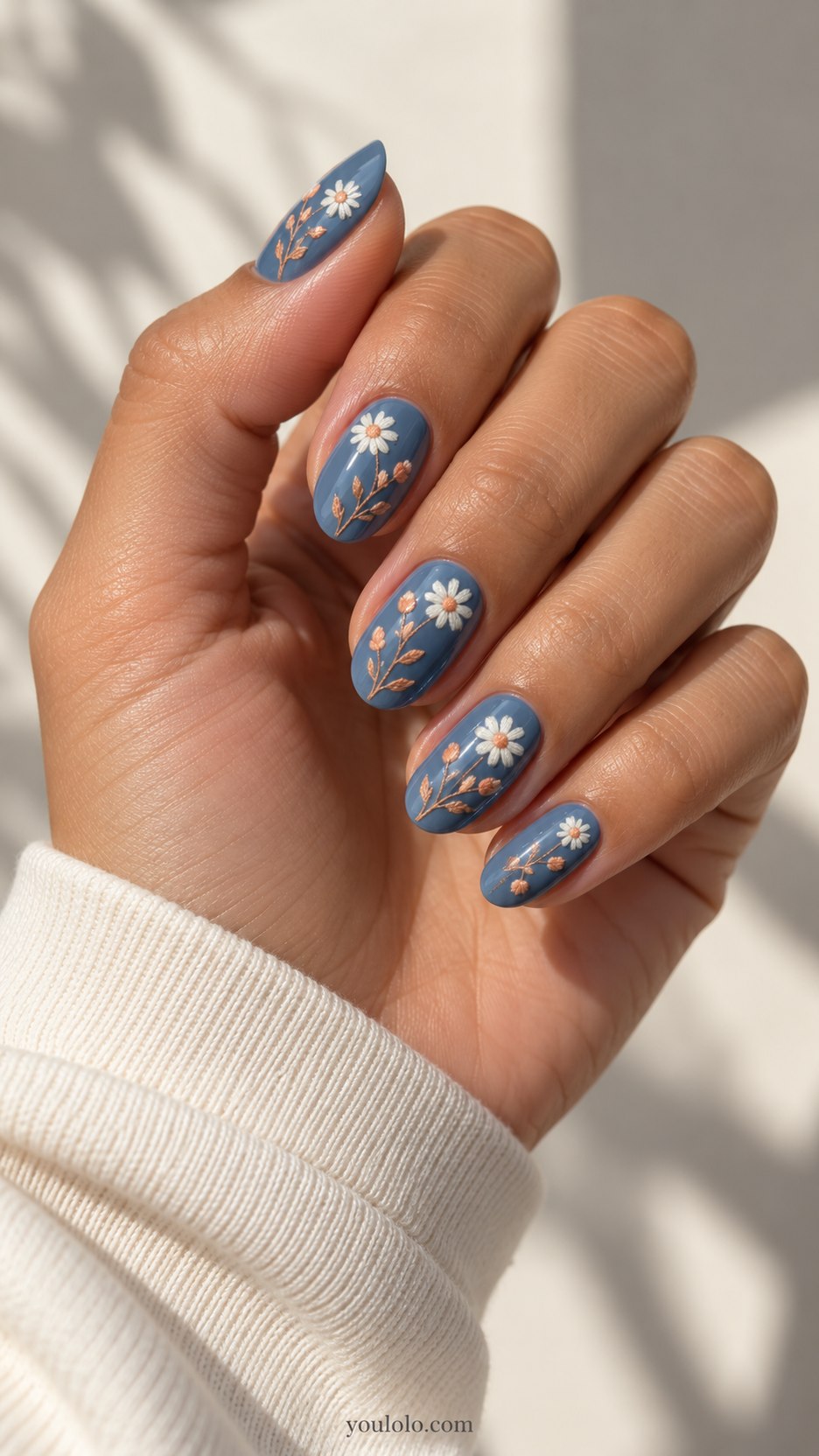 Denim Flower Embroidery: medium oval washed denim blue nails, tiny flat white daisy and peach embroidered-style stems