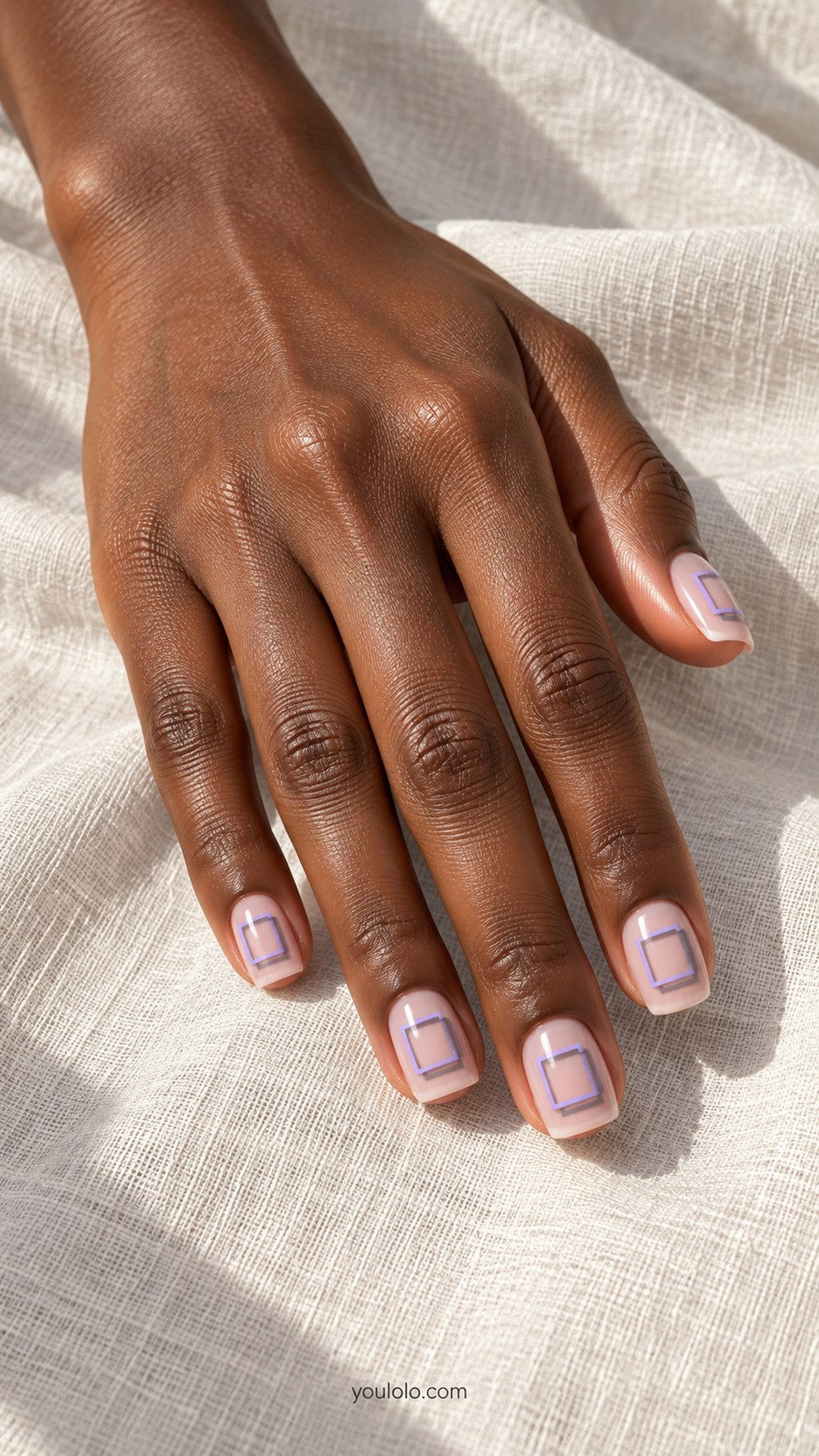 Floating Lilac Frames: short square sheer blush nails, lilac painted square frames with soft offset gray shadows, flat paint