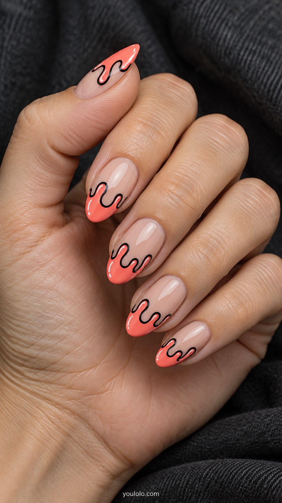 Comic Drip Tips: medium almond nude nails, coral rounded paint-drip tips outlined black with white cartoon highlights, entirely flat