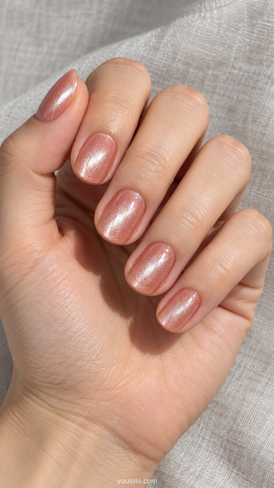 Pink Cat Eye Nails: short round warm peach pink magnetic polish with wide pearl silver center glow