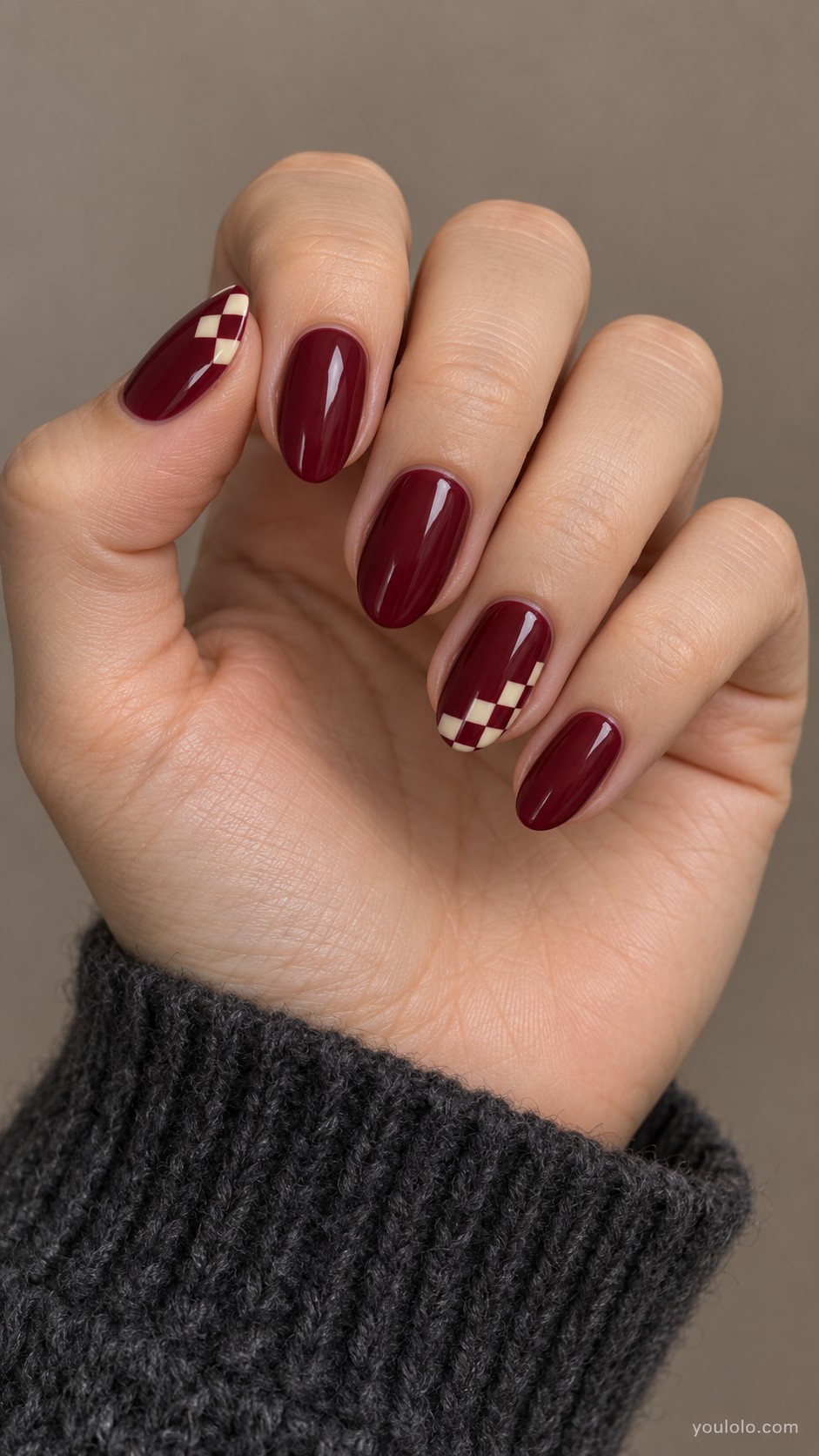 maroon nail art — Maroon with Cream Checker Corners