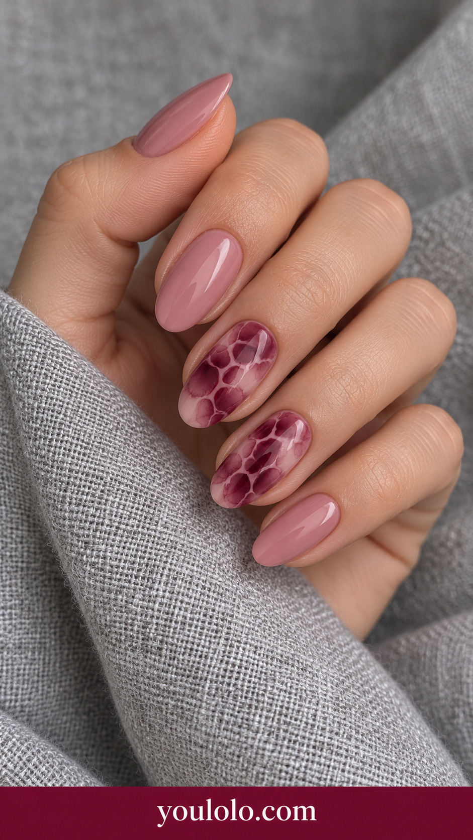 Wine Abstract Cells: medium oval dusty rose nails two accents burgundy blooming organic reptile-like irregular cells, no literal animal drawing on a naturally posed adult hand