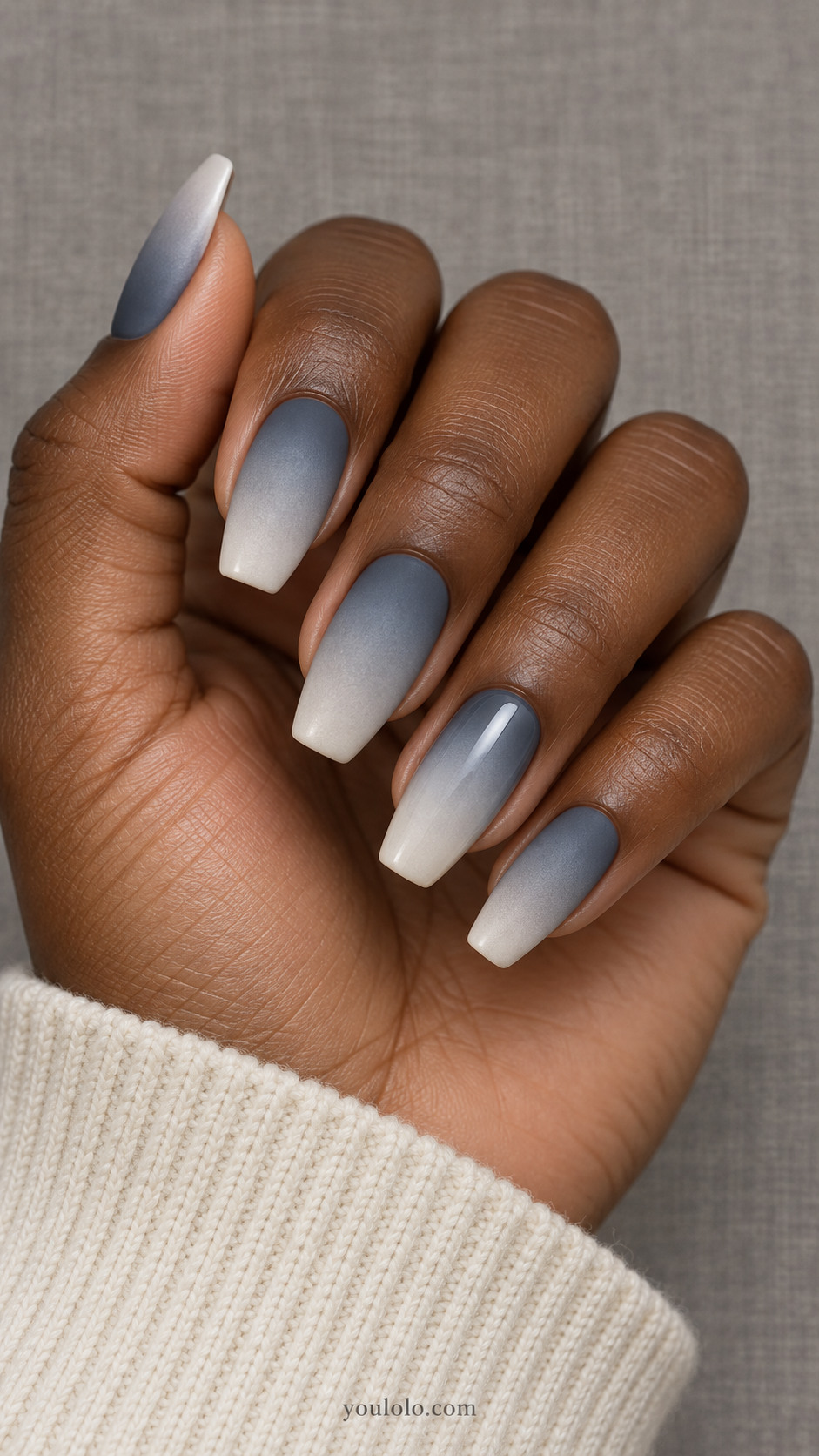 Slate-to-pearl coffin nails contrasting matte and glossy finishes