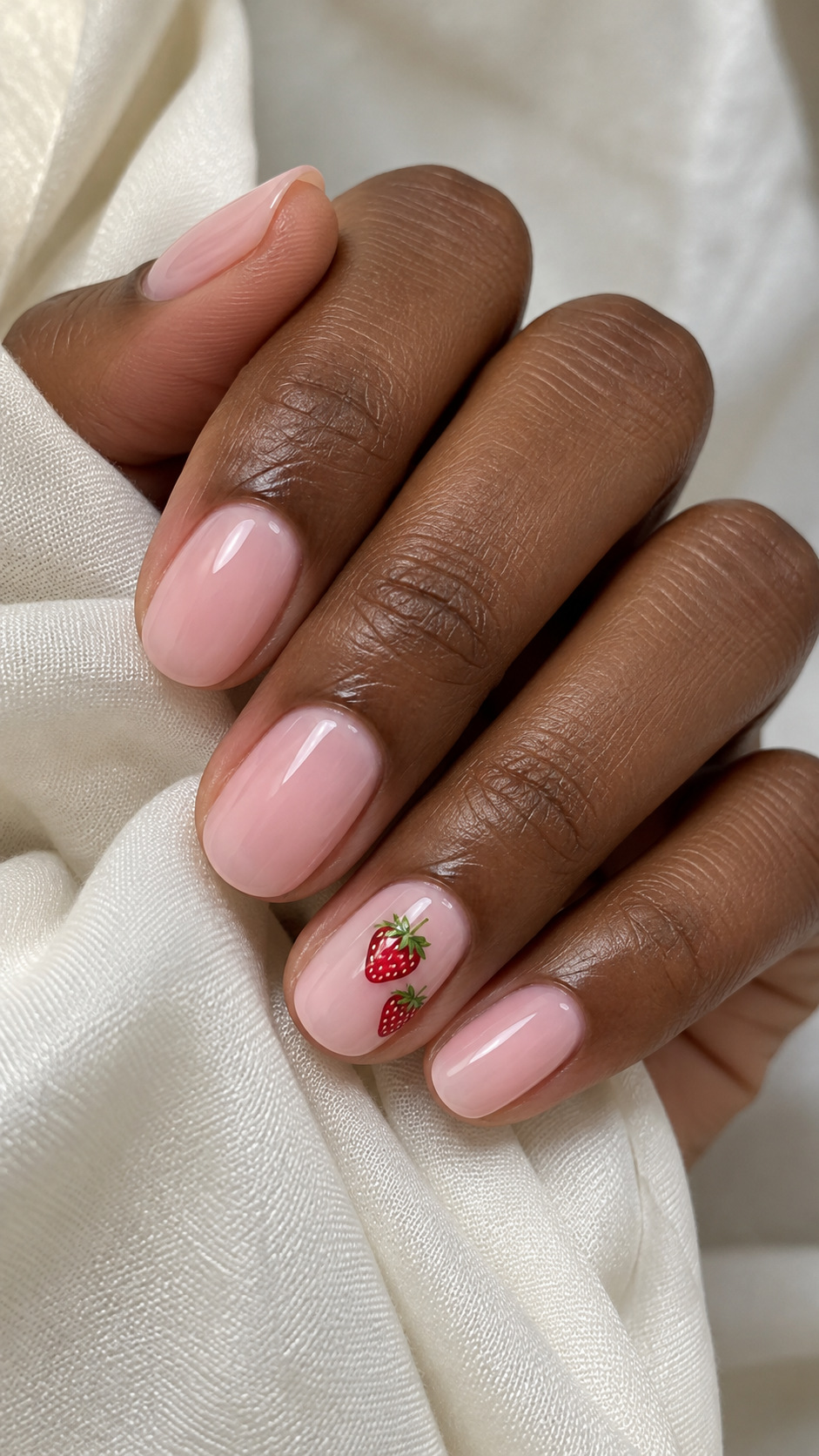 Pink with a Strawberry Accent: Milky pink nails with two small red strawberries on one finger on a naturally posed adult hand