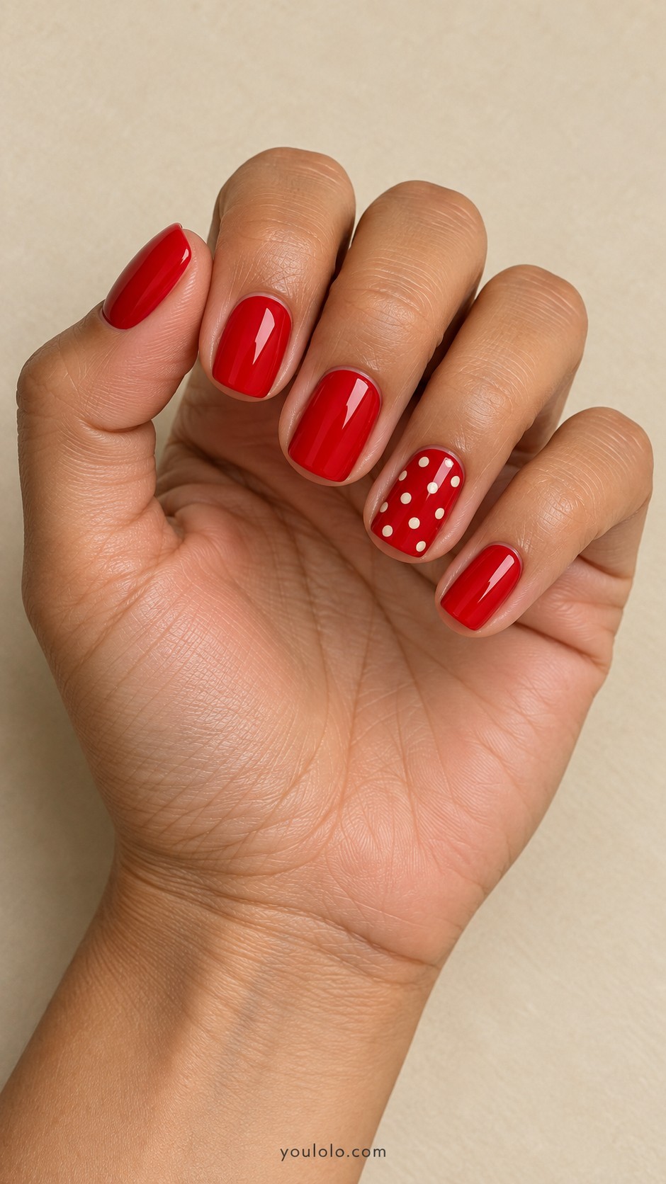 Cherry Red Nails — Cream Polka-Dot Accent