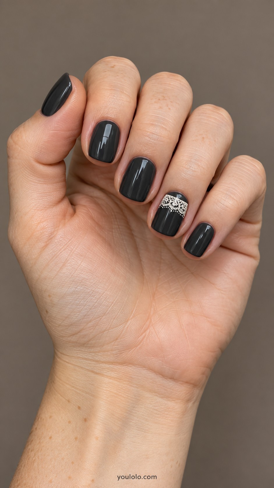 Dark Feminine Nails — Charcoal with a White Lace Cuff