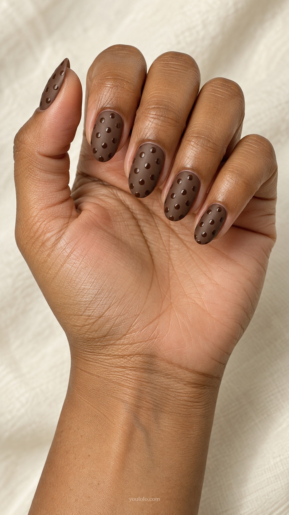 Cocoa Matte Dots — medium oval matte cocoa base glossy same brown polka dots visible through texture difference